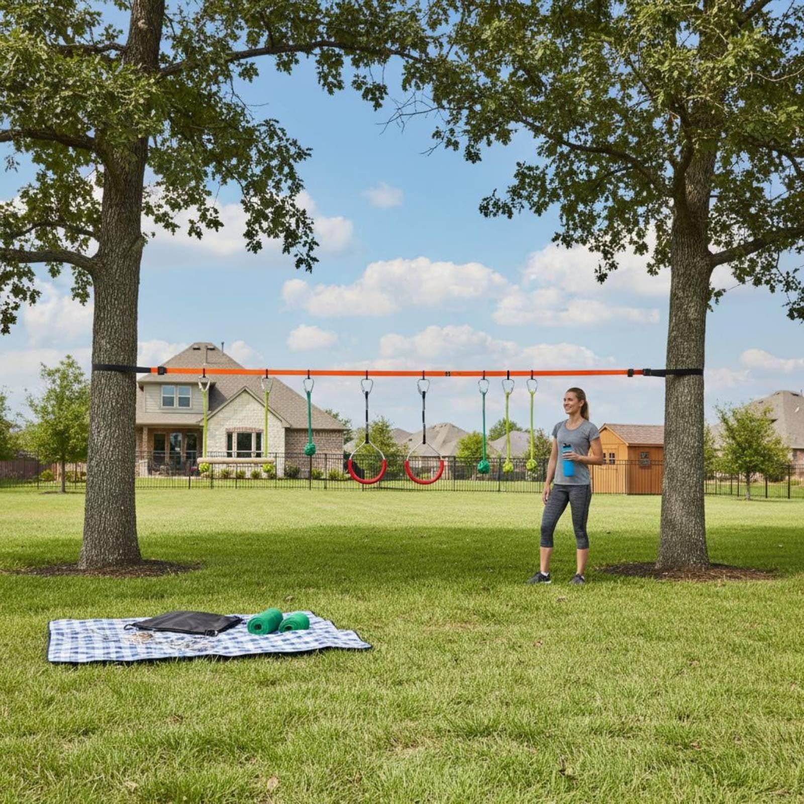 Children Balance Balance Kletterparcours Slackline Trainingsausrüstung Spielset mit Gymringen Kletterseilen Holztraversen Und Baum­Schutz aus