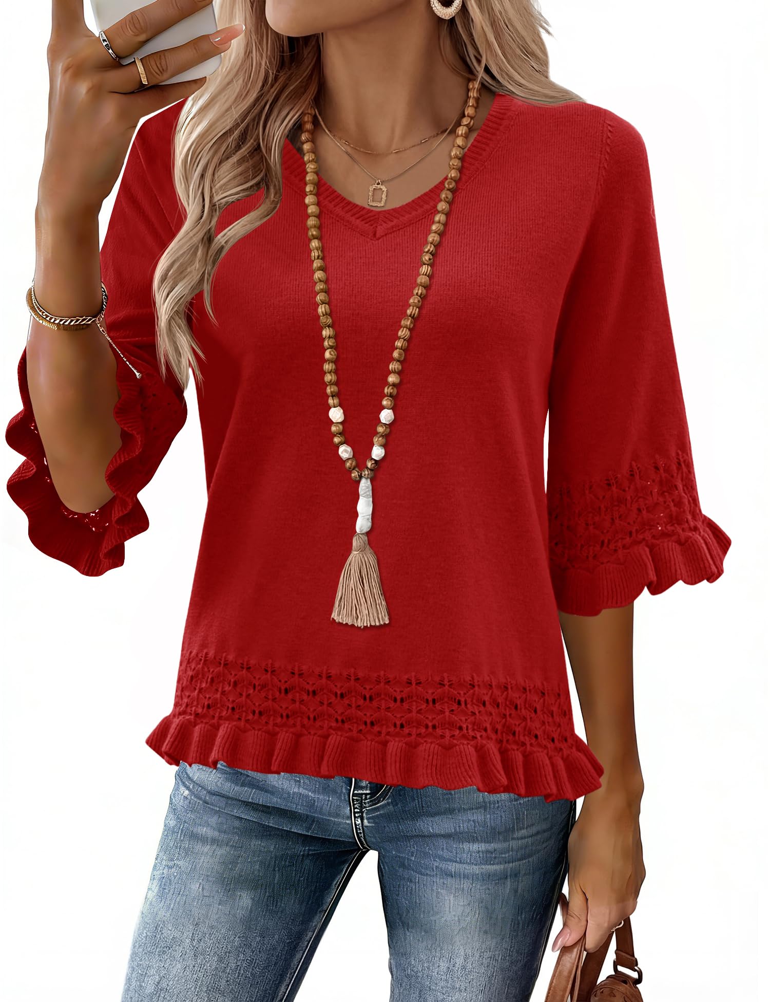 LOMON Womens Sweaters 3 4 Sleeve Business Casual Sweater V Neck Boho Tops Cute Crop Knit Peplum Pullover