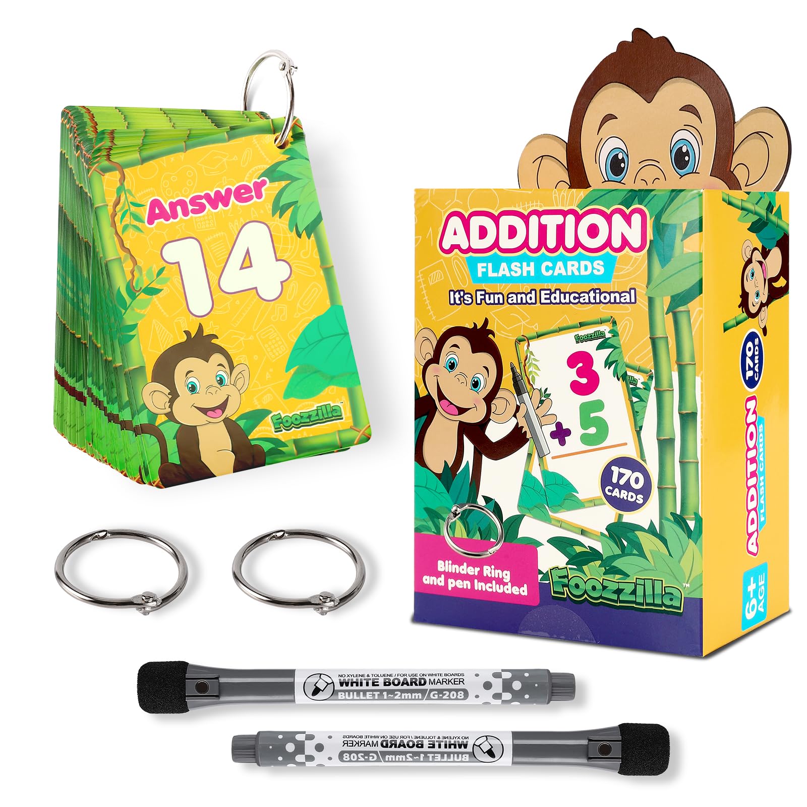 FOOZZILLA Math Flash Cards – 170-Pack Addition Flash Cards for Kids – Hole-Punched Flashcards with 2 Binder Rings and 2 Markers – Fun and Educational Learning Tools for Children 8+ Old