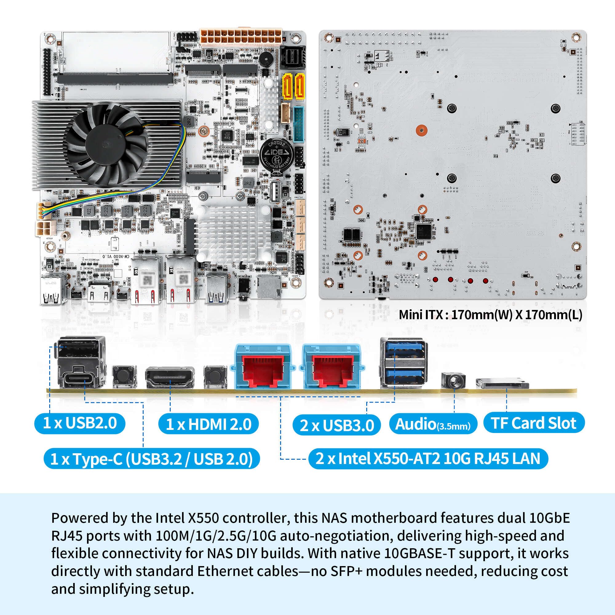 NAS Motherboard 6 Bay SATA3.0, N150, Mini-ITX Motherboard with 2 x 10GbE LAN, 3 x M.2 NVMe, Computer Board, Type-C, TF, HD, DDR5, Barebone, No RAM NO SSD (with Adapter)