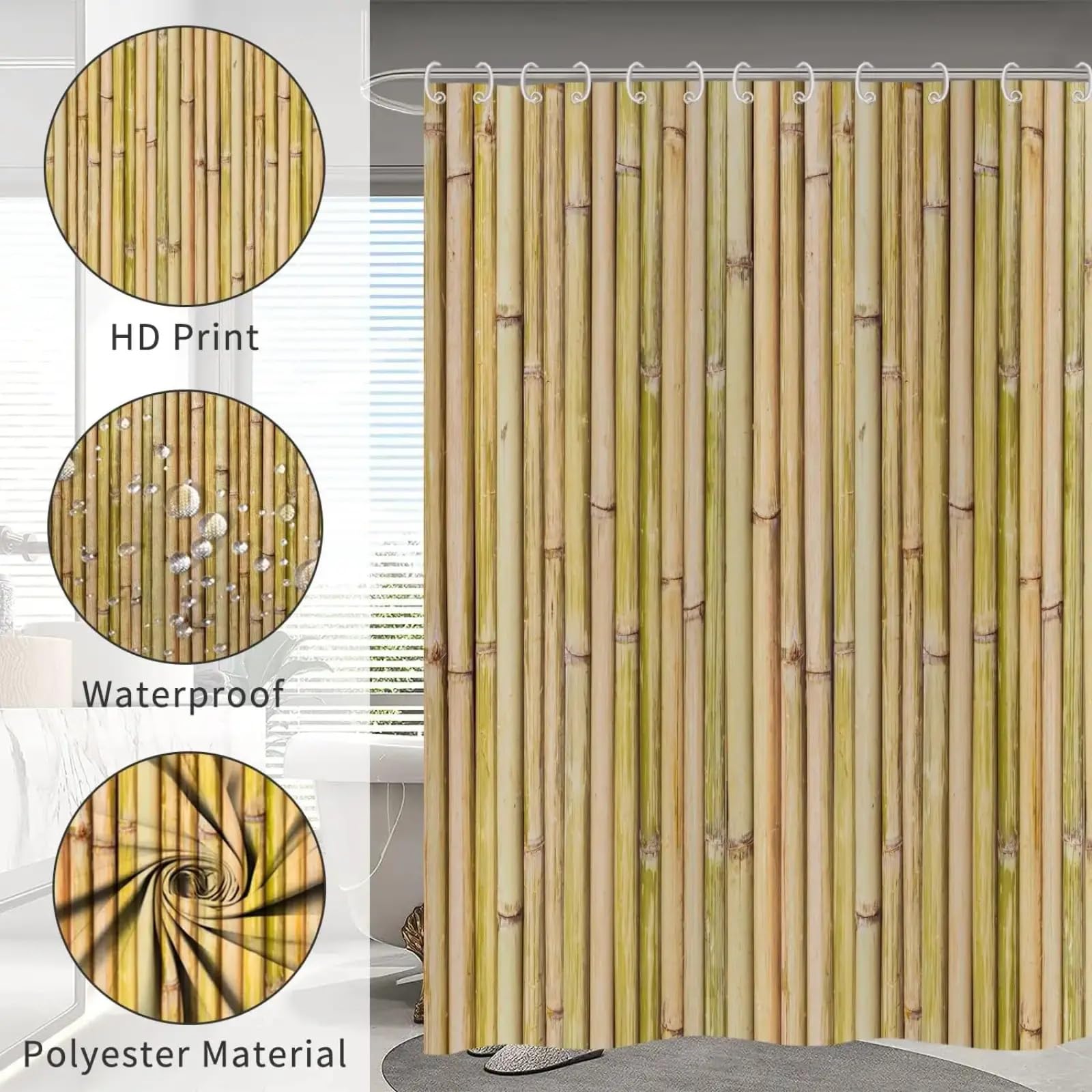 Tenda da doccia con motivo giapponese Zen in bambù, stile country, per bagno, impermeabile, lavabile, in poliestere intrecciato, 300x200 cm/118x79 pollici (larghezza x altezza).