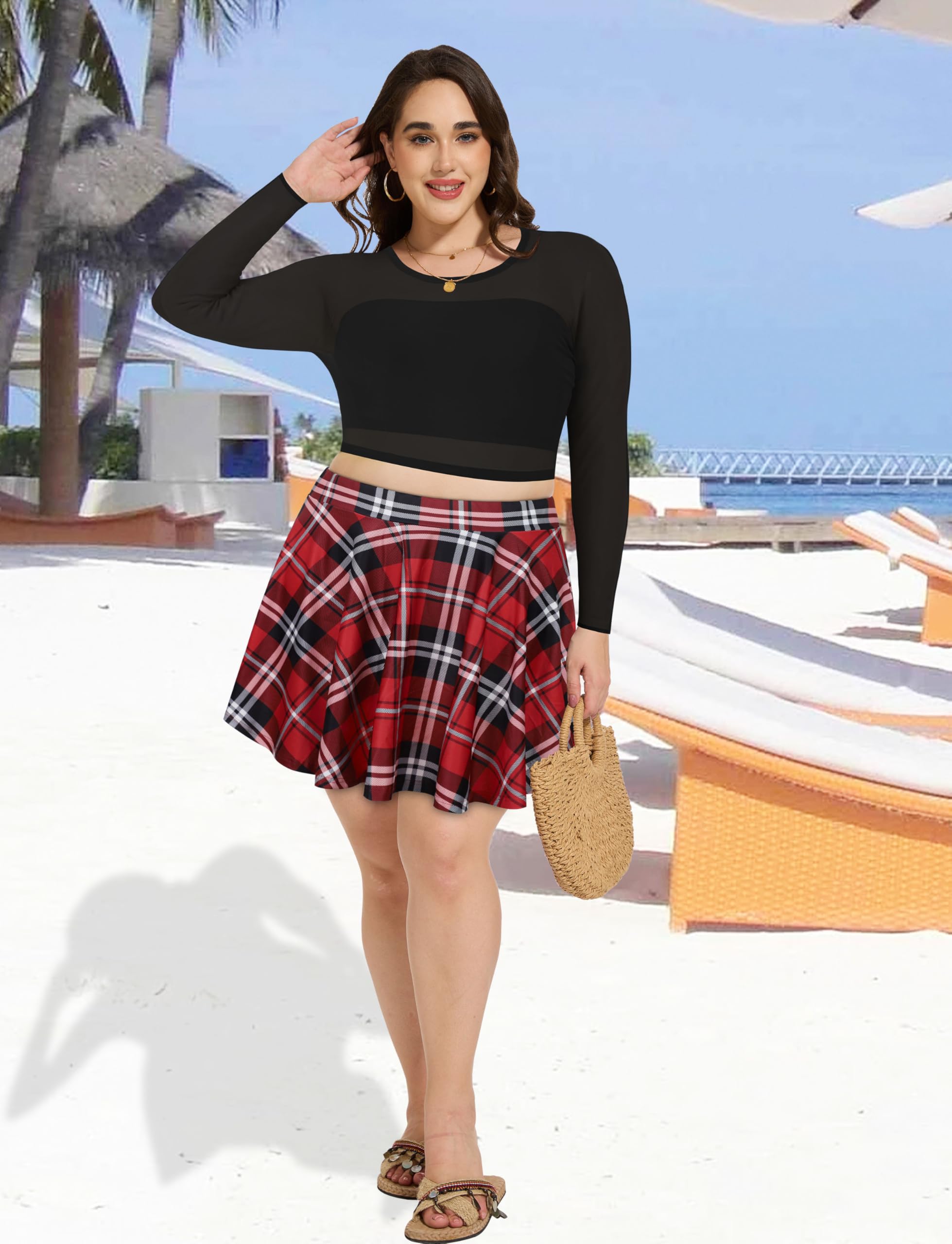 JOELLYUS Plus Size Skirts for Women Summer Pleated Mini Skirt Casual Flowy High Waisted Womens Short Skirts: 4X-Large Red Plaid