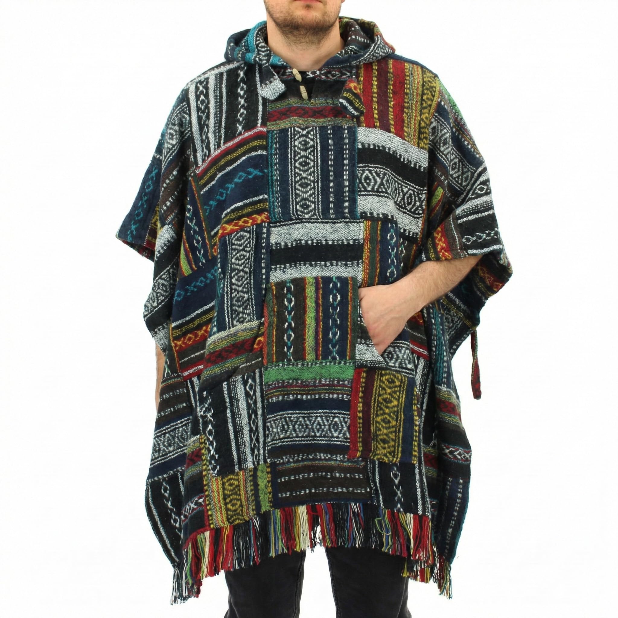 Loudelephant Unisex Patchwork 100% Woven Gheri Cotton Mexican Style Hooded Poncho One Size For Men Women Lounging Warm Cold Water Robe Cover Change