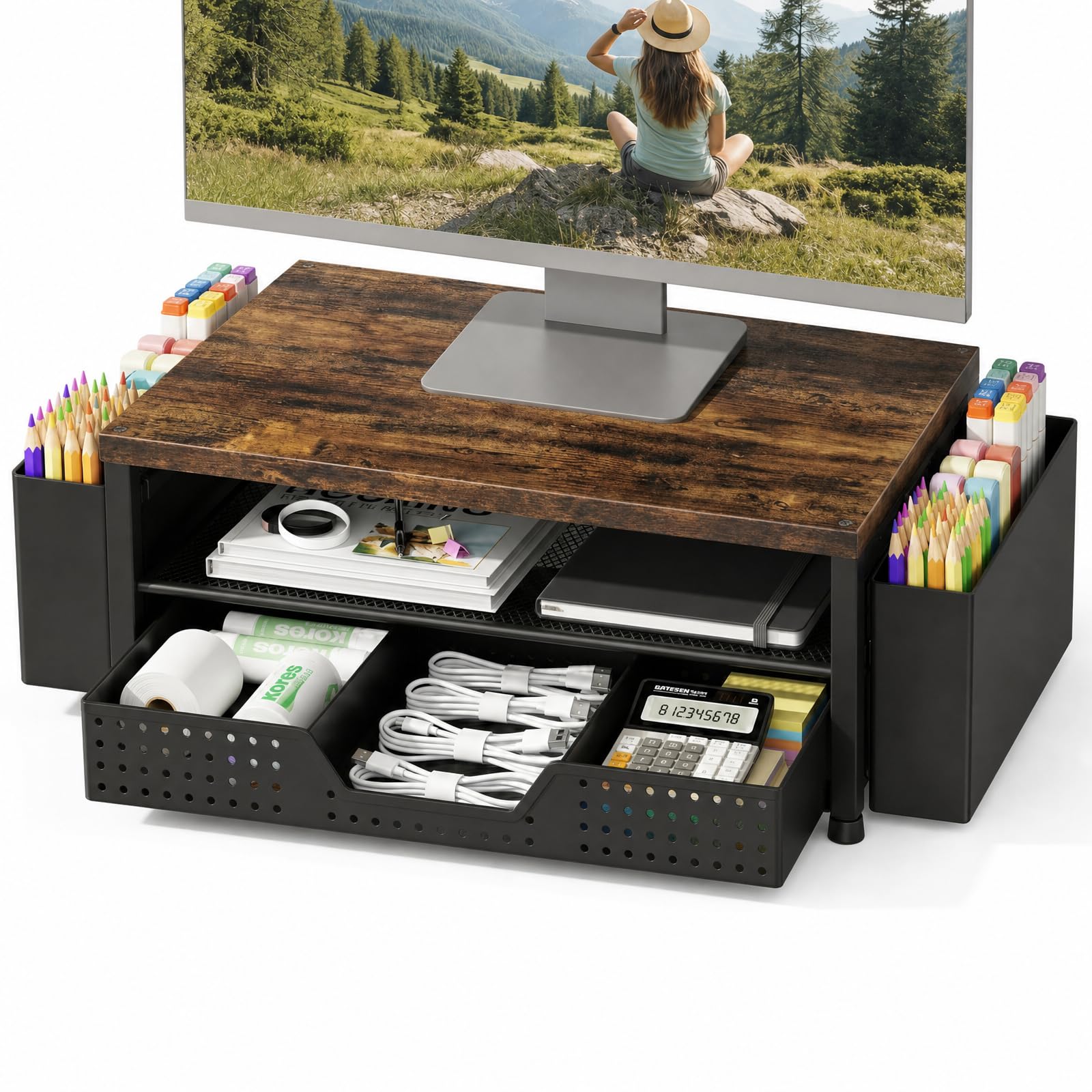 LEKETREE Organizer da scrivania in legno, a 2 ripiani, con cassetto portaoggetti e 2 portapenne, supporto per laptop e stampante, ripiano per la parte superiore della scrivania (marrone rustico)
