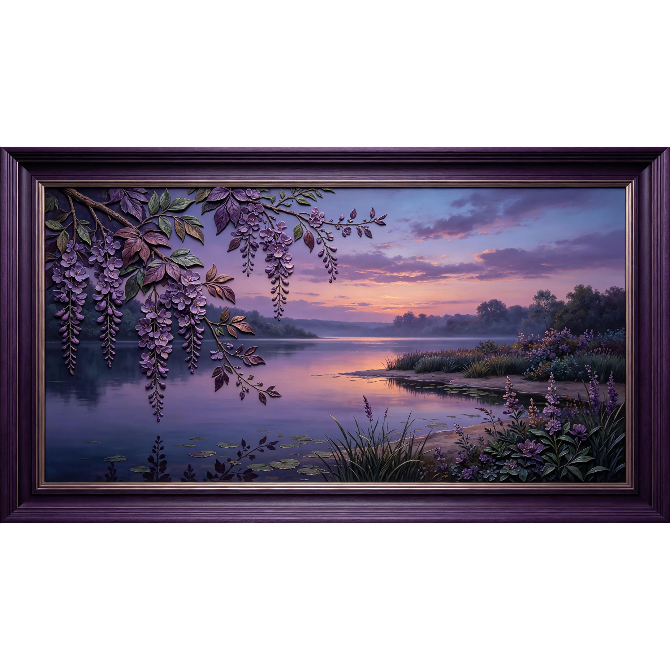 QZLITHOTIC 50×100cm 3D Framed Wall Art， Purple Wisteria Lake Sunset Botanical Landscape Self?Adhesive Mural， Water?Activated Peel & Stick Fabric Decor Wall Decal for Bedroom Living Room