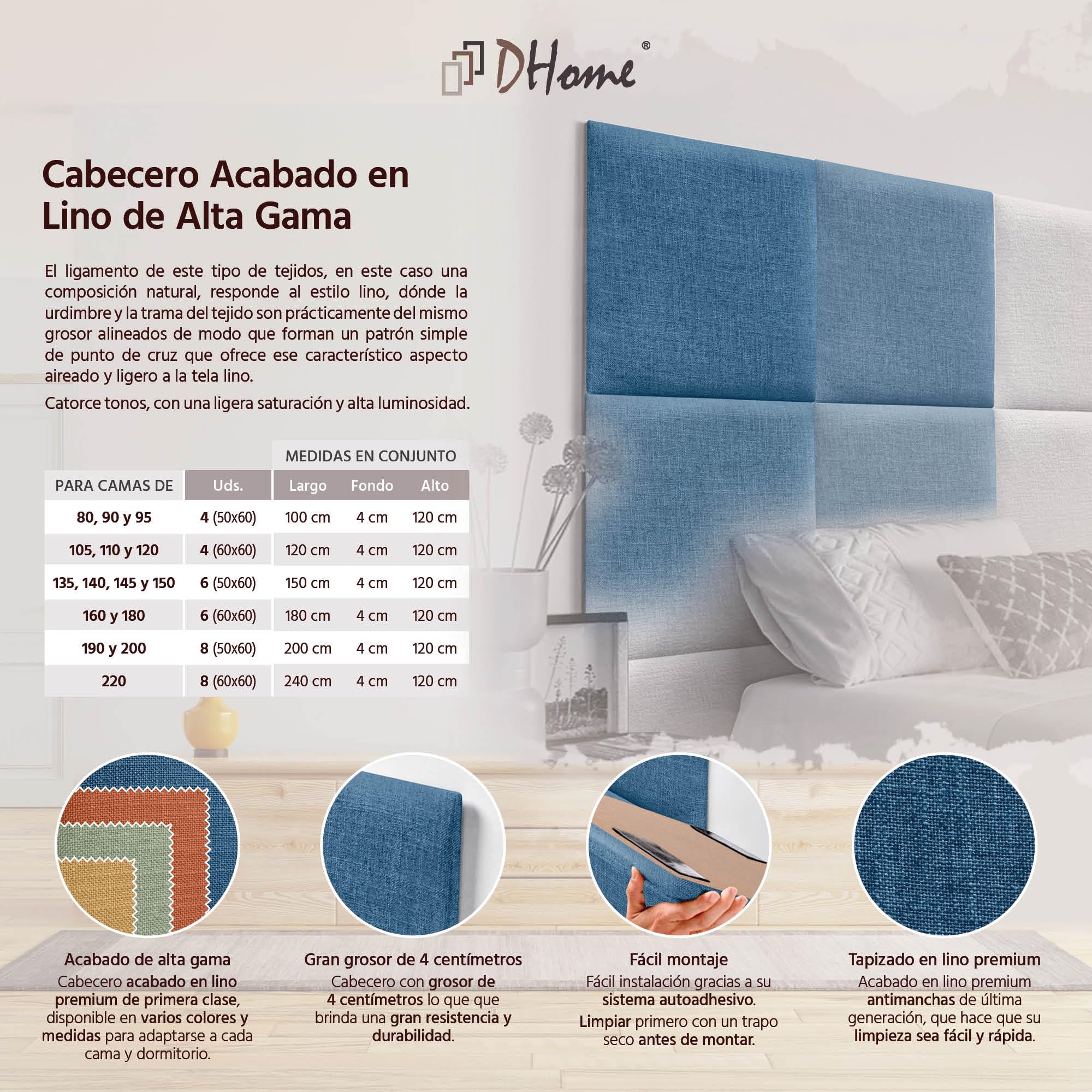 DHOME Tête de Lit Tapissée Composée de Danneaux Adhésifs Interchangeables en Lin Naturel pour Lit de Luxe Chambre Matelassée (Bleu Marine, 90cm)