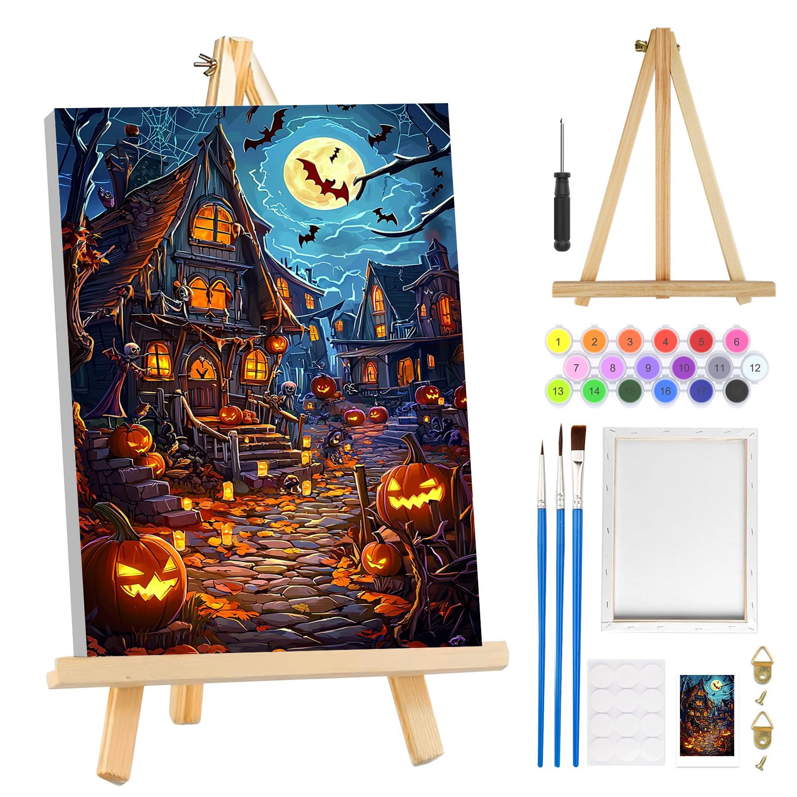 Kit Peinture Par Numéros Chat Halloween - Toile 20x30 Cm Avec Cadre Et Chevalet - Loisir Créatif Adulte/enfant