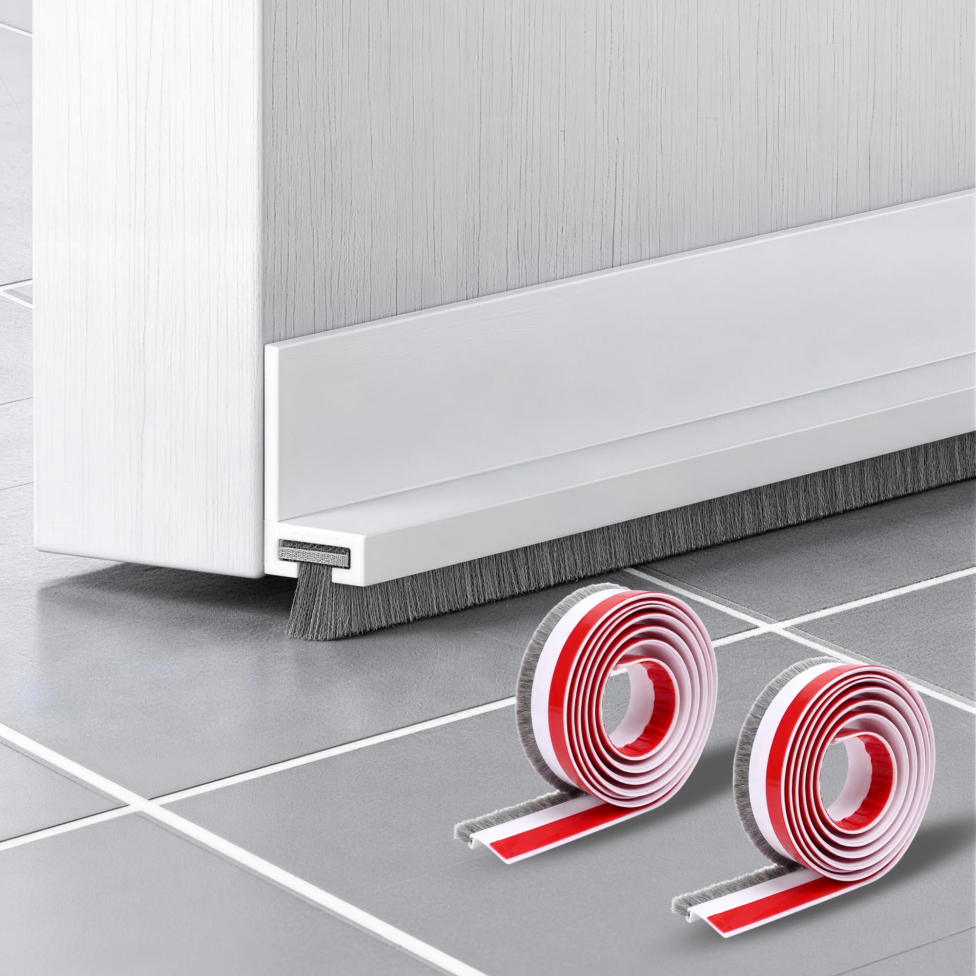 2M Paraspifferi Sottoporta con Spazzola, Paraspifferi Porta Blindata Autoadesiva tagliabile, Guarnizione Porta Blindata per Porte, Finestre, Armadi, Door Seal per Protezione da Suoni, Freddo, Umidità