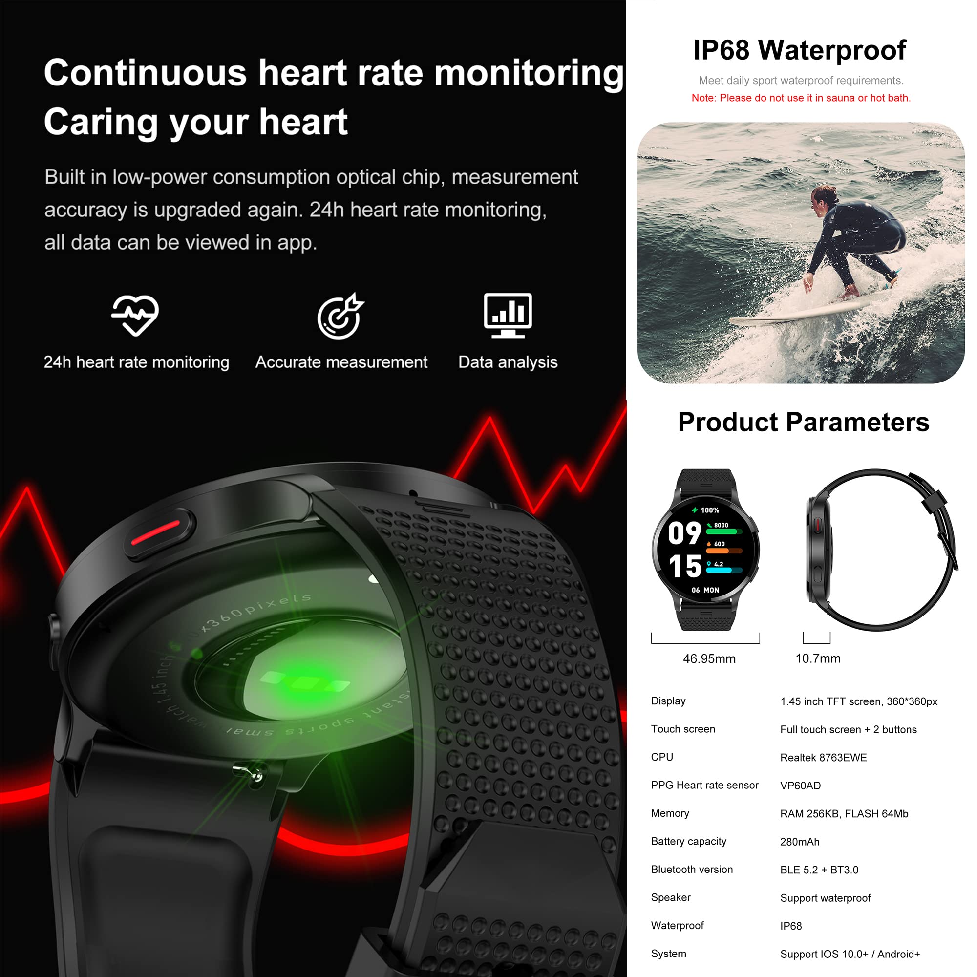 Smartwatch voor heren, smartwatch met bluetooth-oproep, waterdicht, fitness, activiteitentracker