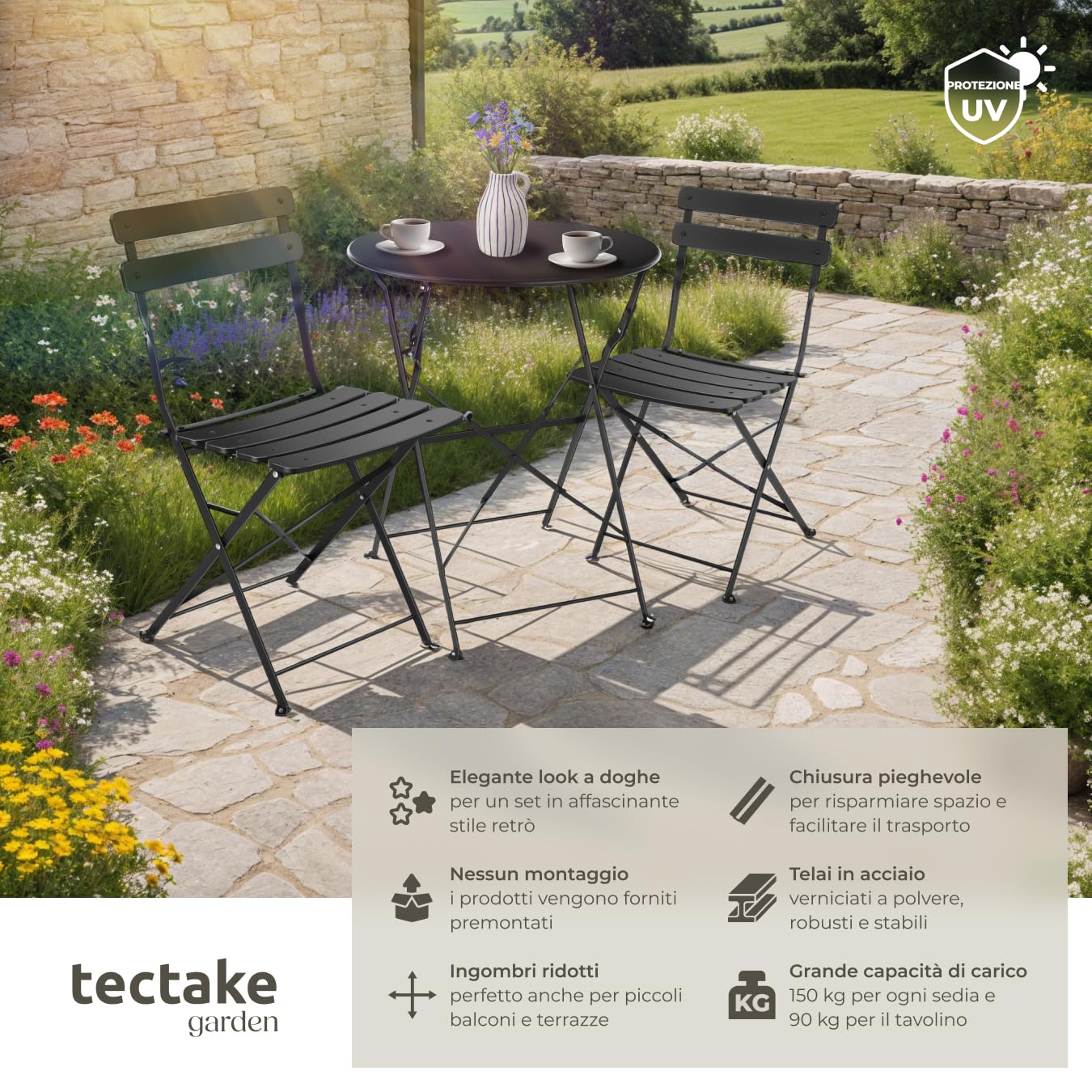 Tectake Set Bistrot Pieghevole per 2 Persone Telaio Acciaio Tavolo e Sedie Giardino Nero