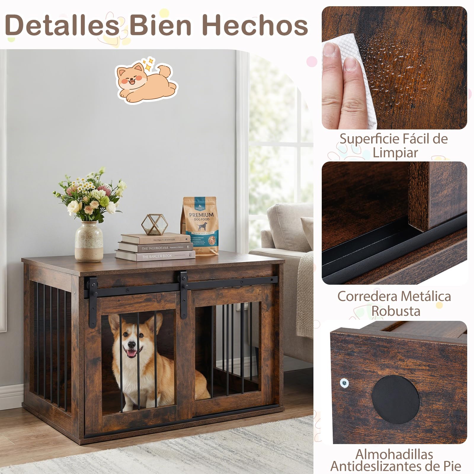 COSTWAY Jaula para Perros, Mueble para Perros con Puerta Corrediza, Mesa Lateral Decorativa, Estructura Metálica, Mueble Jaula de Madera para Mascotas Pequeñas y Medianas, 80 x 54 x 57 cm (Marrón)