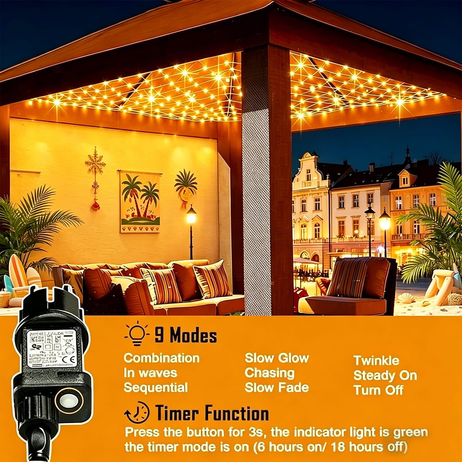 Lot 2 3x2M 200 LED Filet Lumineux Extérieur avec Prise, Blanc Chaud | Fonction minuterie, 8 modes lumineux variés et IP65 étanche, parfait pour jardin, chambre et décoration de Noël intérieur