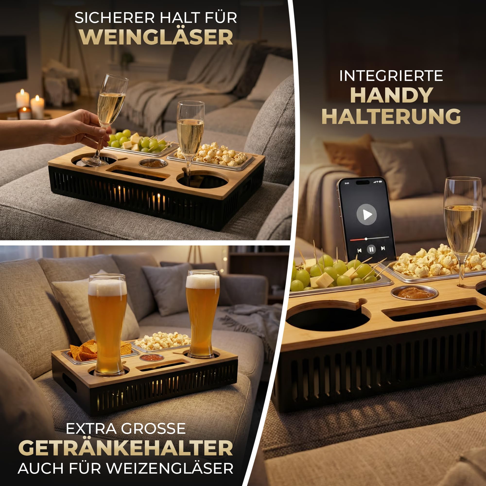 Couchbar Snackbox mit Leuchteffekt – Holz Sofatablett für Sofa, Snackbar & Organizer Tablett, 2-in-1 Couch Bar mit Getränkehalter, Weinhalter & Handyhalterung, Geschenke für Männer & Frauen