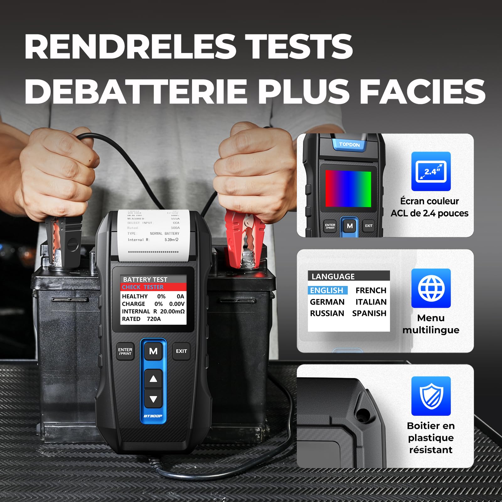 Testeur Batterie Voiture, TOPDON BT300P 12V 24V Testeur de Batterie et Alternateur Professionnel Analyseur de Batterie de Démarrage avec Imprimante Intégrée pour Auto Voiture Camion Moto