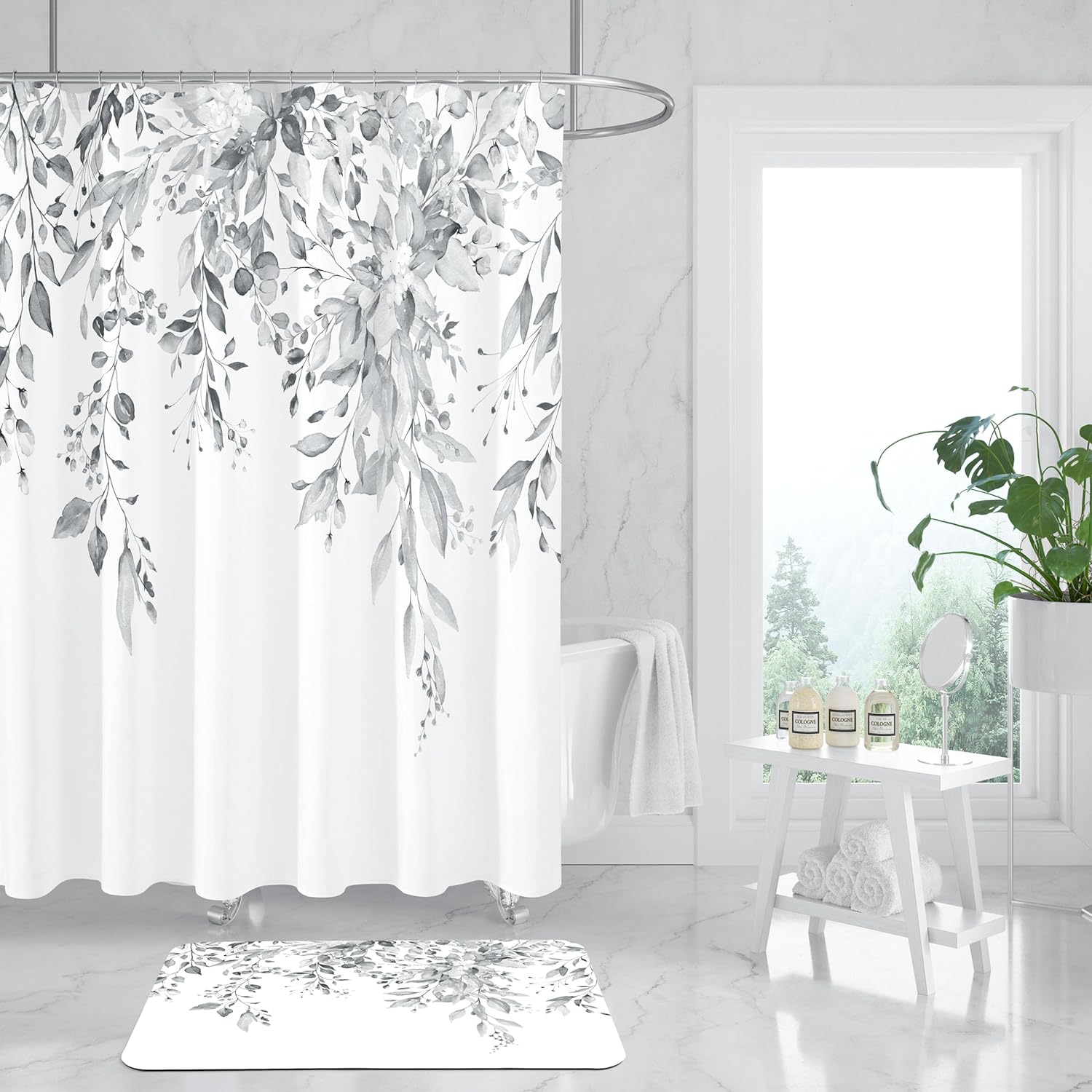 Gibelle Eucalyptus Leaves Bath Mat Rug Super Absorbent Quick Dry Thin Bathroom Rugs Fit Under Door Non Slip Rubber Backed Bathroom Floor Mat for in Front of Bathtub Sink Shower (17"x24", Grey)