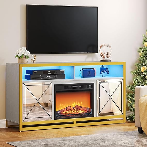 DWVO LED Mirrored Fireplace TV Stand for up to 65 Inch TV, Entertainment Center for Living Room w/ 3D Realistic Flame Effect Electric Fireplace, Media Console Cabinet 400lbs, Silver Grey/Gold