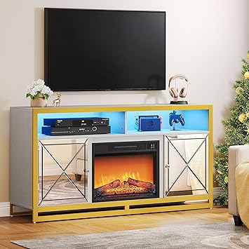DWVO LED Mirrored Fireplace TV Stand for up to 65 Inch TV, Entertainment Center for Living Room w/ 3D Realistic Flame Effect Electric Fireplace, Media Console Cabinet 400lbs, Silver Grey/Gold