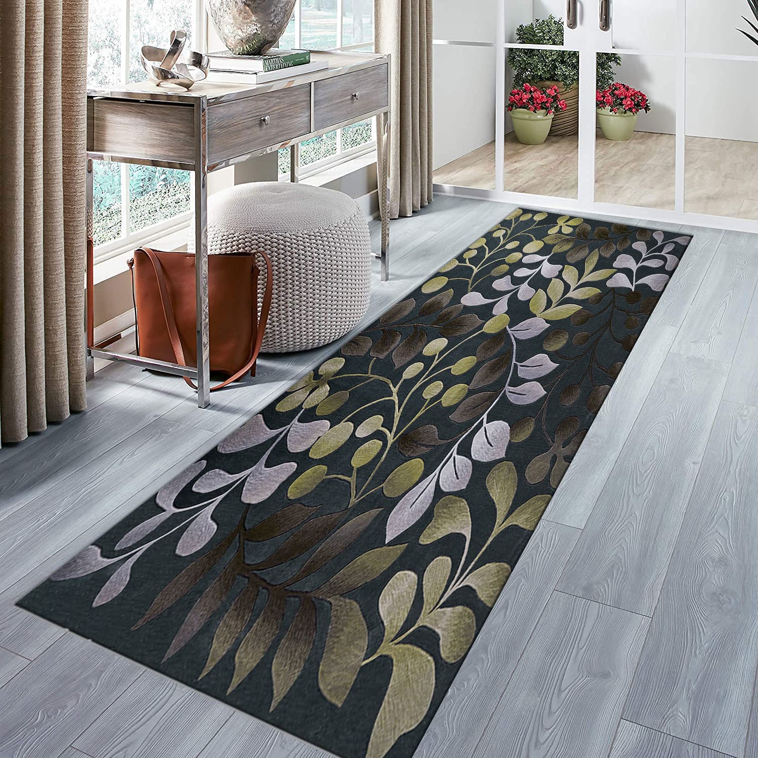 Läufer Teppich Flur rutschfest Waschbar Teppich für Küche Wohnzimmer Modern Traditionell Retro 3D Blätter Design
