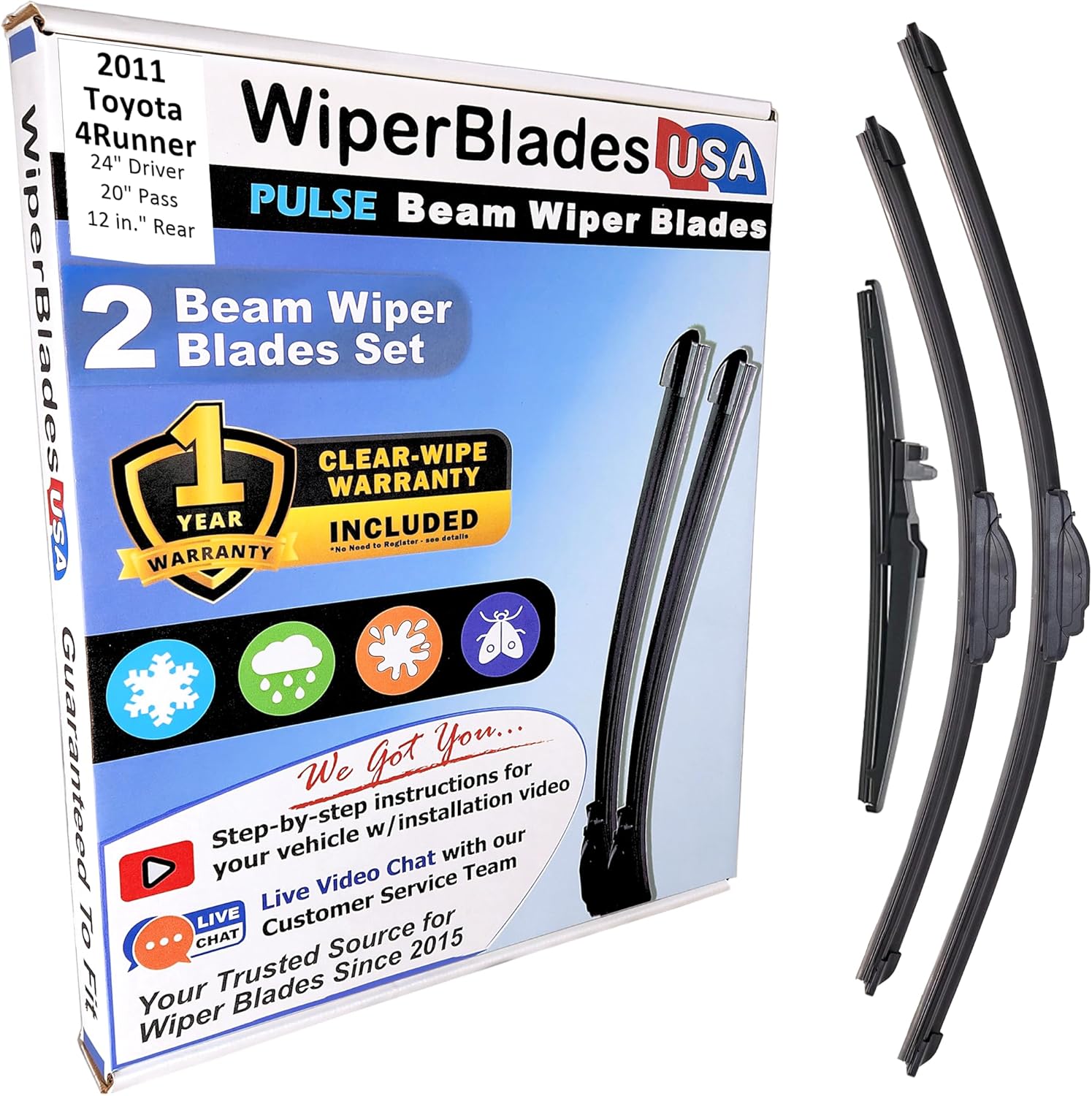 WiperBladesUSA Wiper Blades Set w/ 1yr warranty compatible with Toyota 4Runner 2011 Wipers (Set of 3) w/Rear Wiper Pulse Wipers
