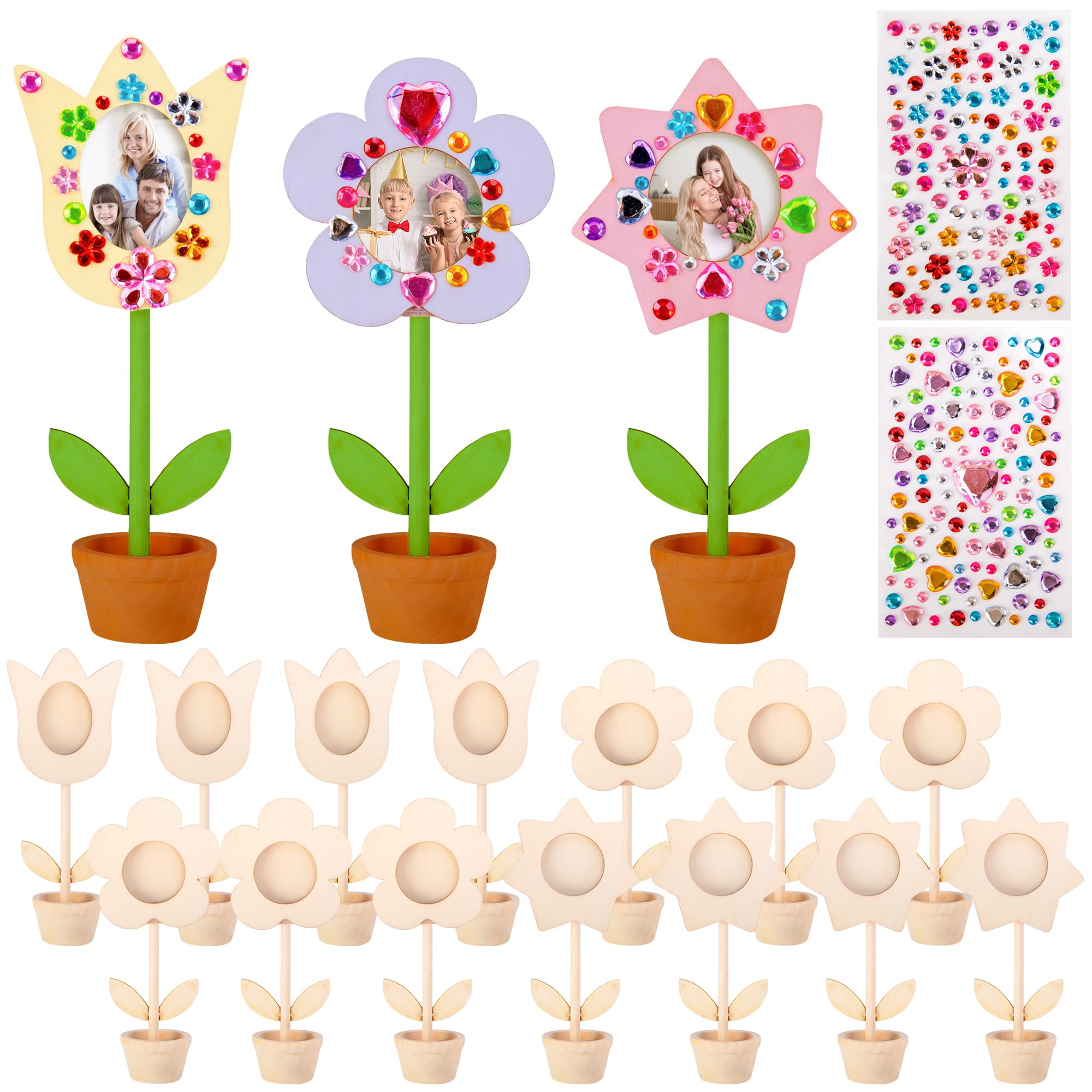 View 1 of 14 Sets DIY Paintable Wood Flowers Photo Holders, Mother's Day Crafts Wooden Flower Picture Frames, Spring Flower Pot Unfinished Wood Ornament with Gems Stickers for Painting Mothers Day Birthday Gift