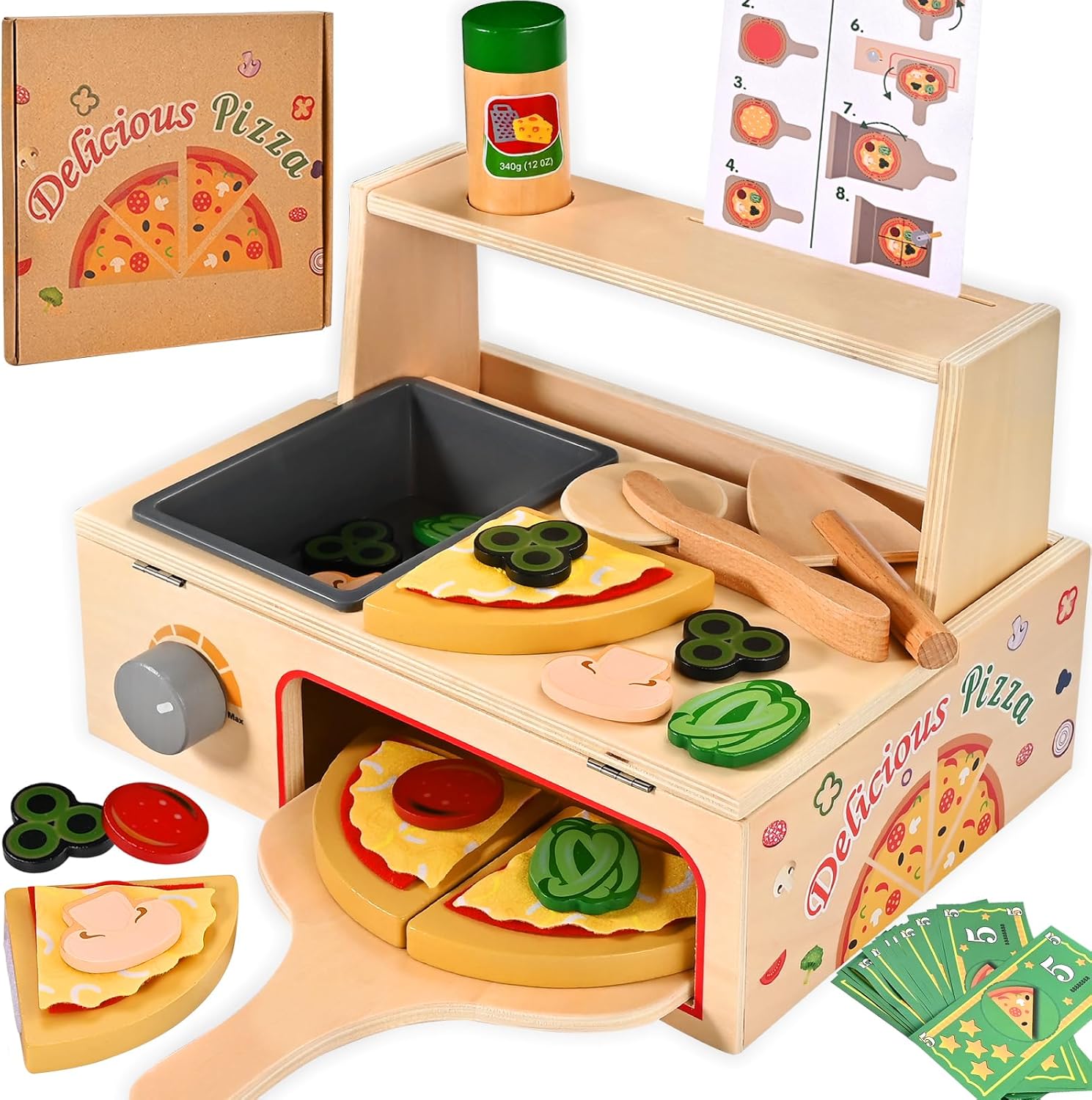 50 PCS Wooden Pizza Toy, Montessori Pretend Play Toys, Wooden Pizza Counter Playset with Bake Oven, Play Food and Accessories, Cooking Pretend Play Toys for Boys Girls Age 3+