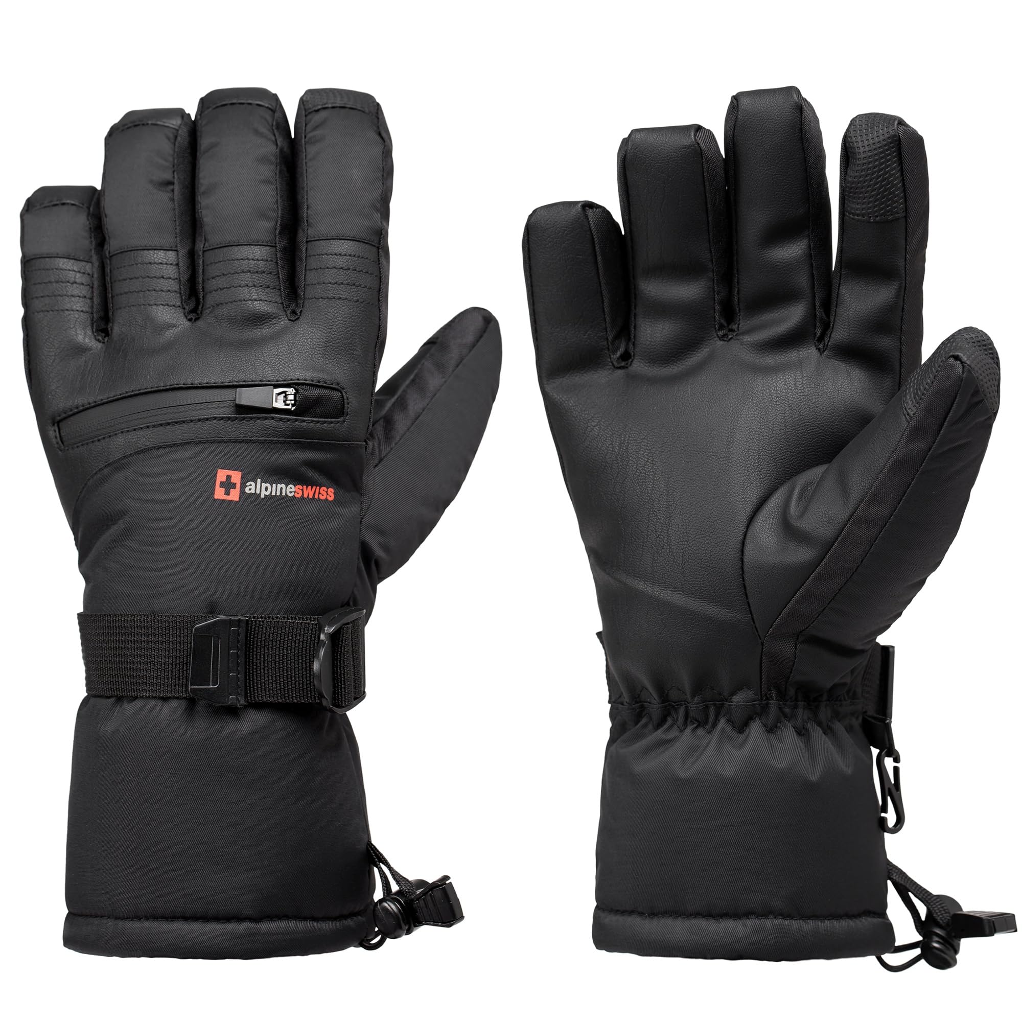 alpine swiss Mens Waterproof Snow Ski Gloves Gauntlet Mittens with Zipper Pockets Winter Snowboarding Windproof 3M Thinsulate Black Gloves XL