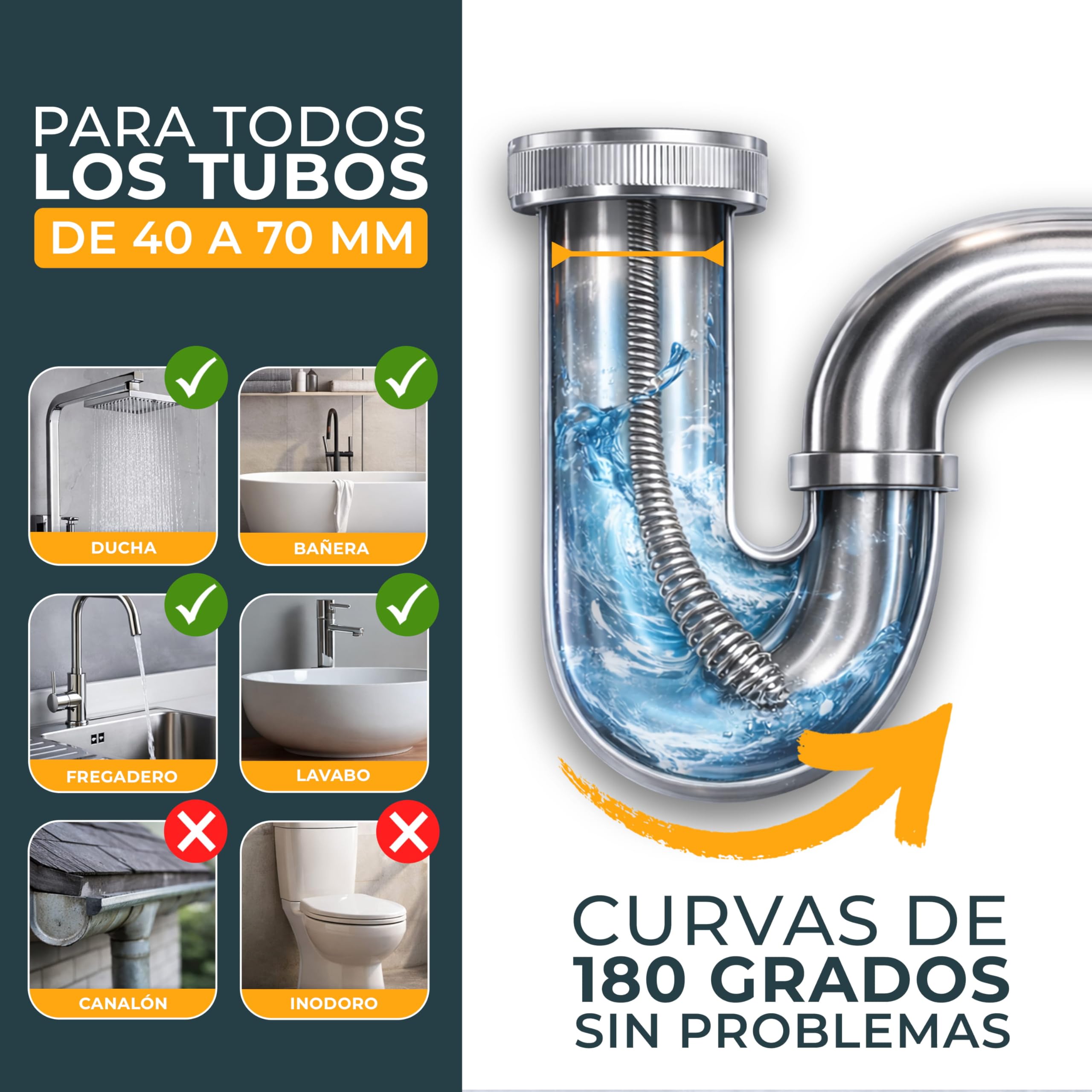 Meisterfaktur Desatascador tuberias espiral- 7,5 m - Desatascador tuberias profesional para la limpieza de tuberías, respetuoso con el medio ambiente