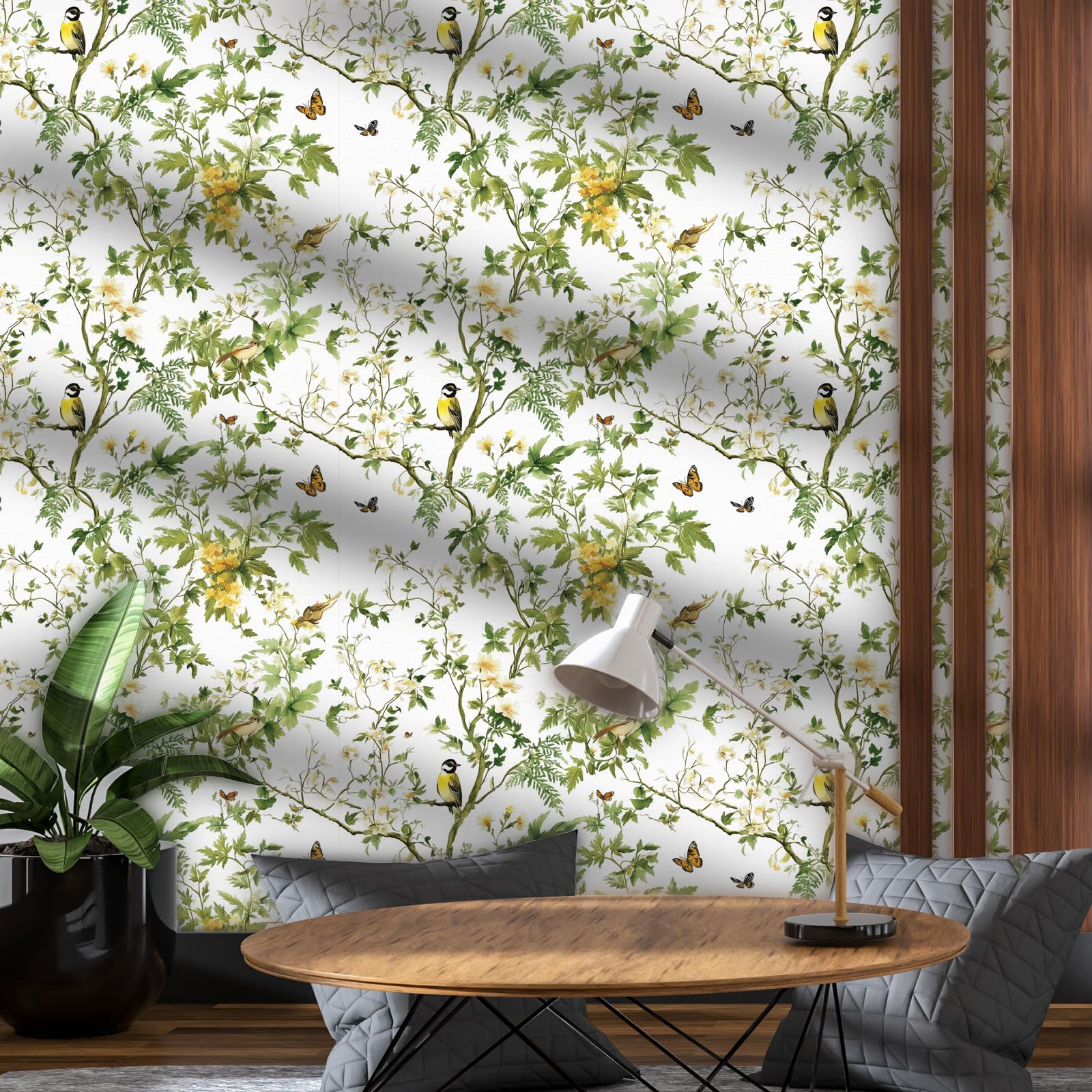 Papel Pintado Flores y Pajaros, 44 x 1000 cm Papel Adhesivo Diseño Verde Fresco de Flores y Pájaros Ramas Mariposas Plantas Boho Vinilo Adhesivo para Muebles,Libreria,Sala de Estar, Dormitorio,Baño
