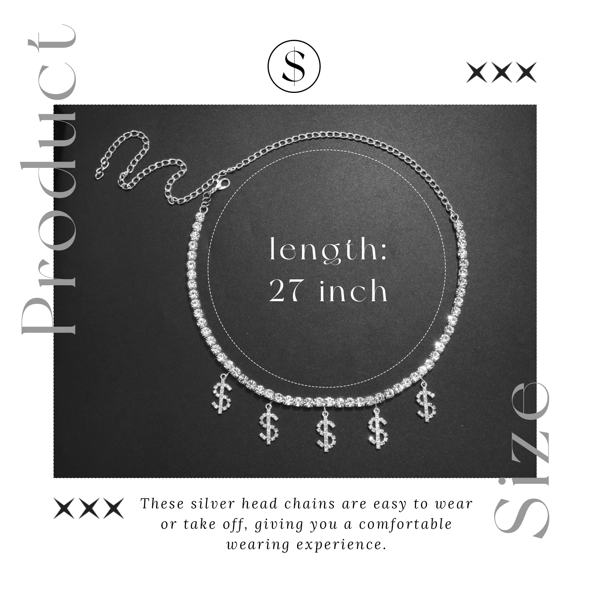 Silver Rhinestone Headpiece Dollar Sign Hair Chain Party Prom Jewelry Earent Tassel Rhinestone Cap Headpiece | Silver Crystal Head  main image 3