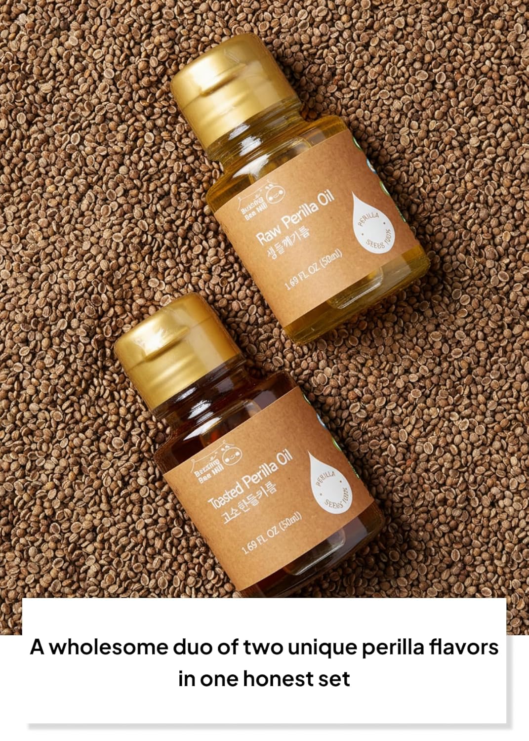 Korean Food Perilla Oil Mini Set (2 × 1.69 fl oz / 50 ml), Raw & Nutty Cold-Pressed Perilla Oils from 100% Korean Perilla Seeds, 냉온압착 들기름