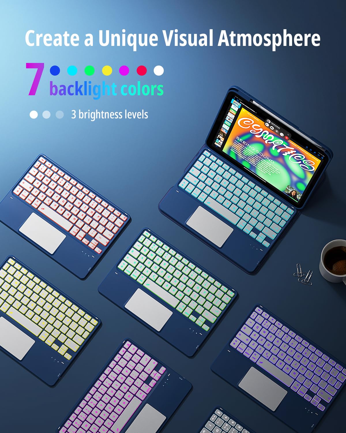 CACOE Drehbare Hülle mit Tastatur für iPad (A16) 11/10 Generation (11/10.9 Zoll) 2025/2022 mit Touchpad, 7-Farbige Beleuchtung Abnehmbare Kabellose Tastatur 360° Drehung mit Standfunktion,Ozeanblau