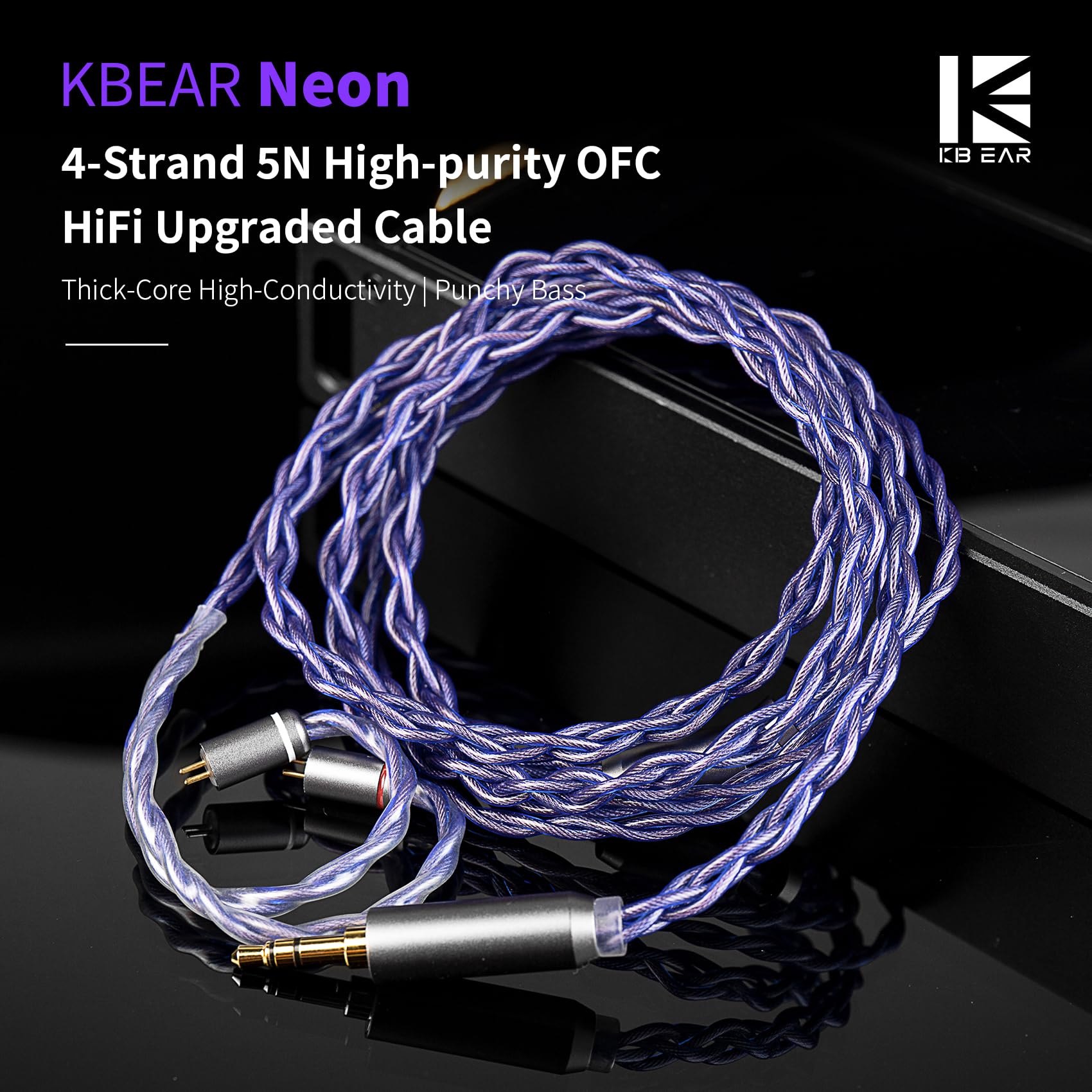 KBEAR Câble audio HiFi fluo 2 broches 5N en cuivre sans oxygène haute pureté 3,5 mm fiche 120 cm pour KZ ZST / ZS10 PRO / AS16 PRO/EDX PRO, CCZ Melody