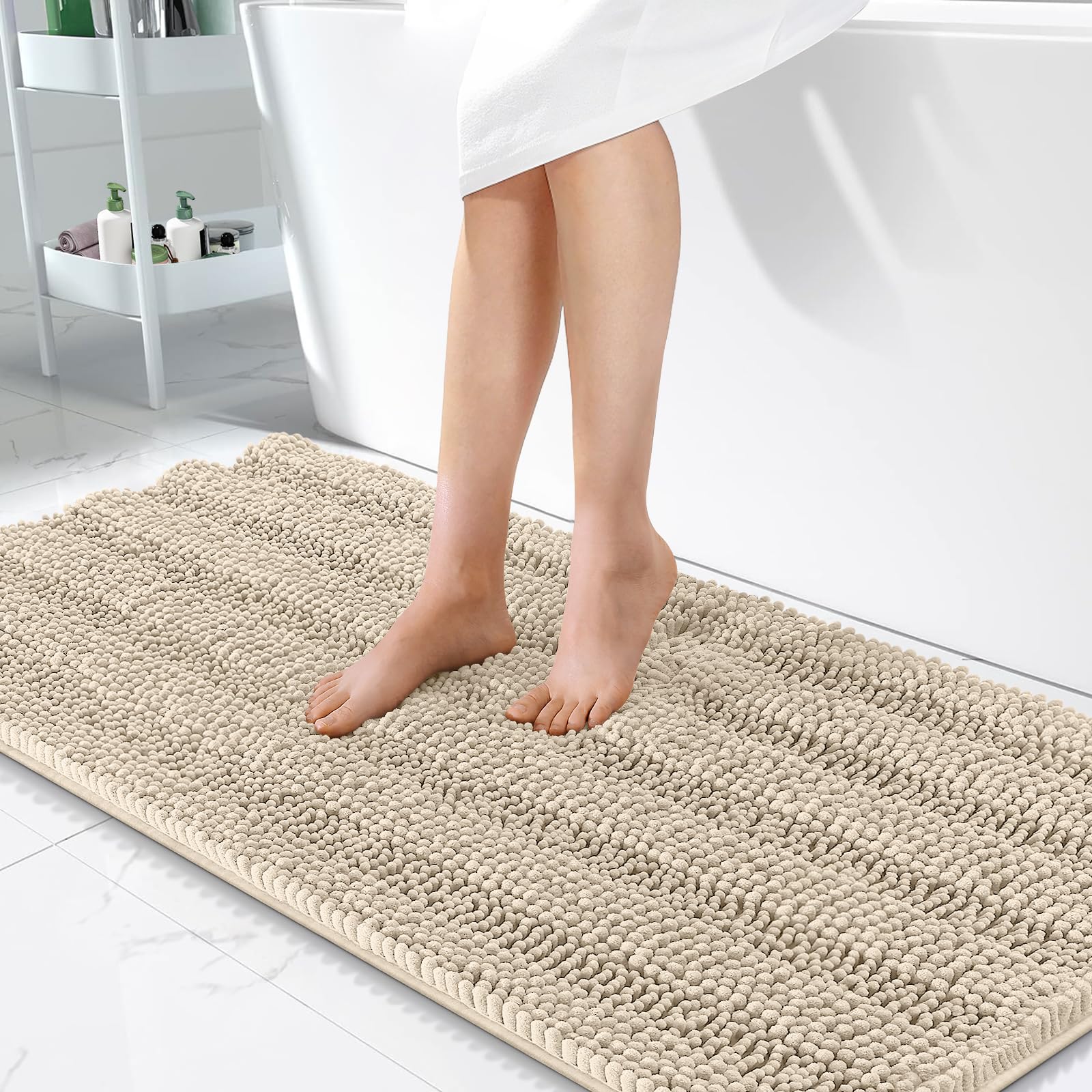 OLANLY Thick Bathroom Runner Rugs 47x24, Soft Chenille Long Bath Rugs, Sand