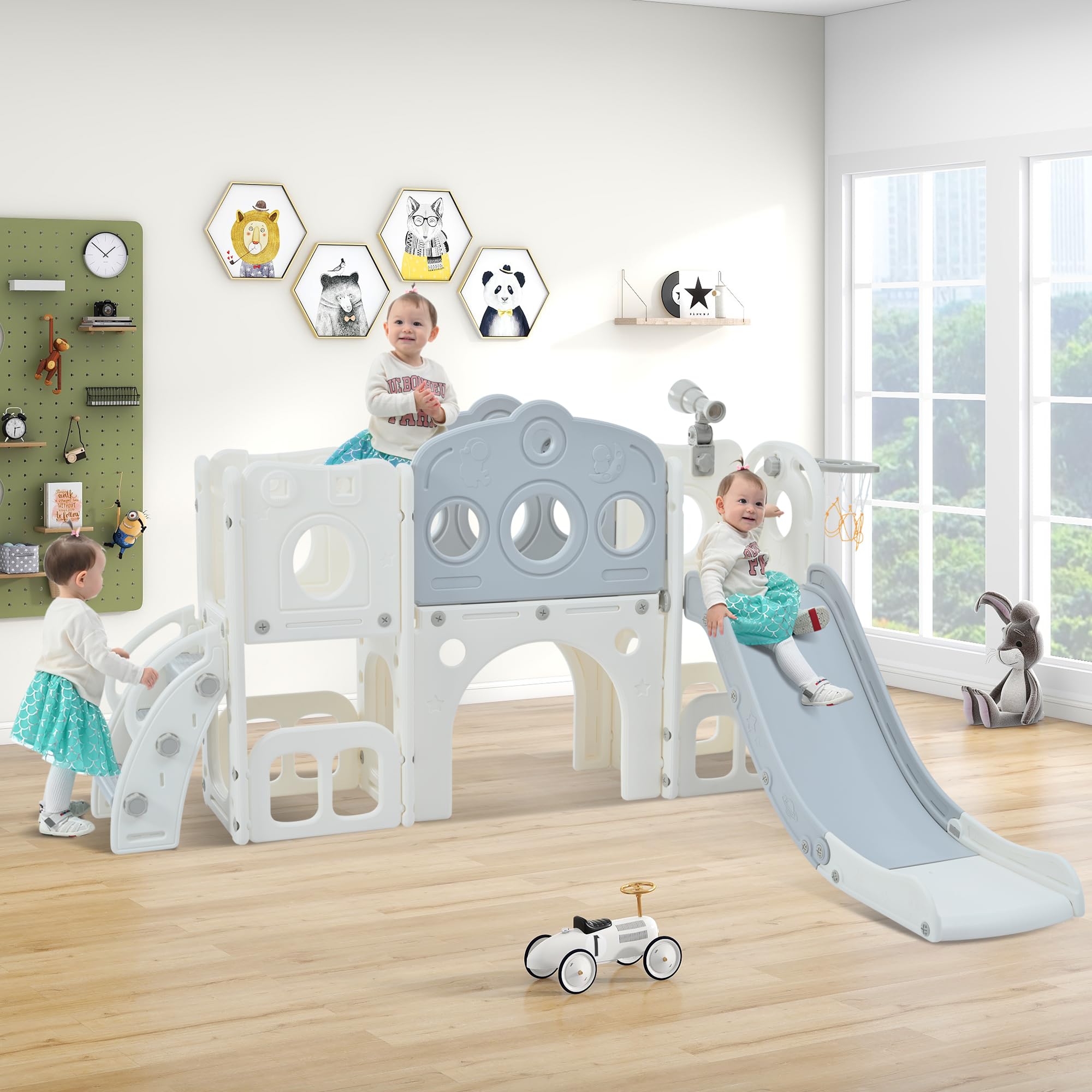 Merax 7-in-1 Toddler Slide & Play Climber With Basketball Hoop & Telescope For Ages 1-3