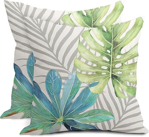 Miniatura 8 de Juego de 2 fundas de almohada de 18 x 18 pulgadas con diseño floral de coral verde turquesa, hojas y flores naranjas, fundas de cojín de algodón