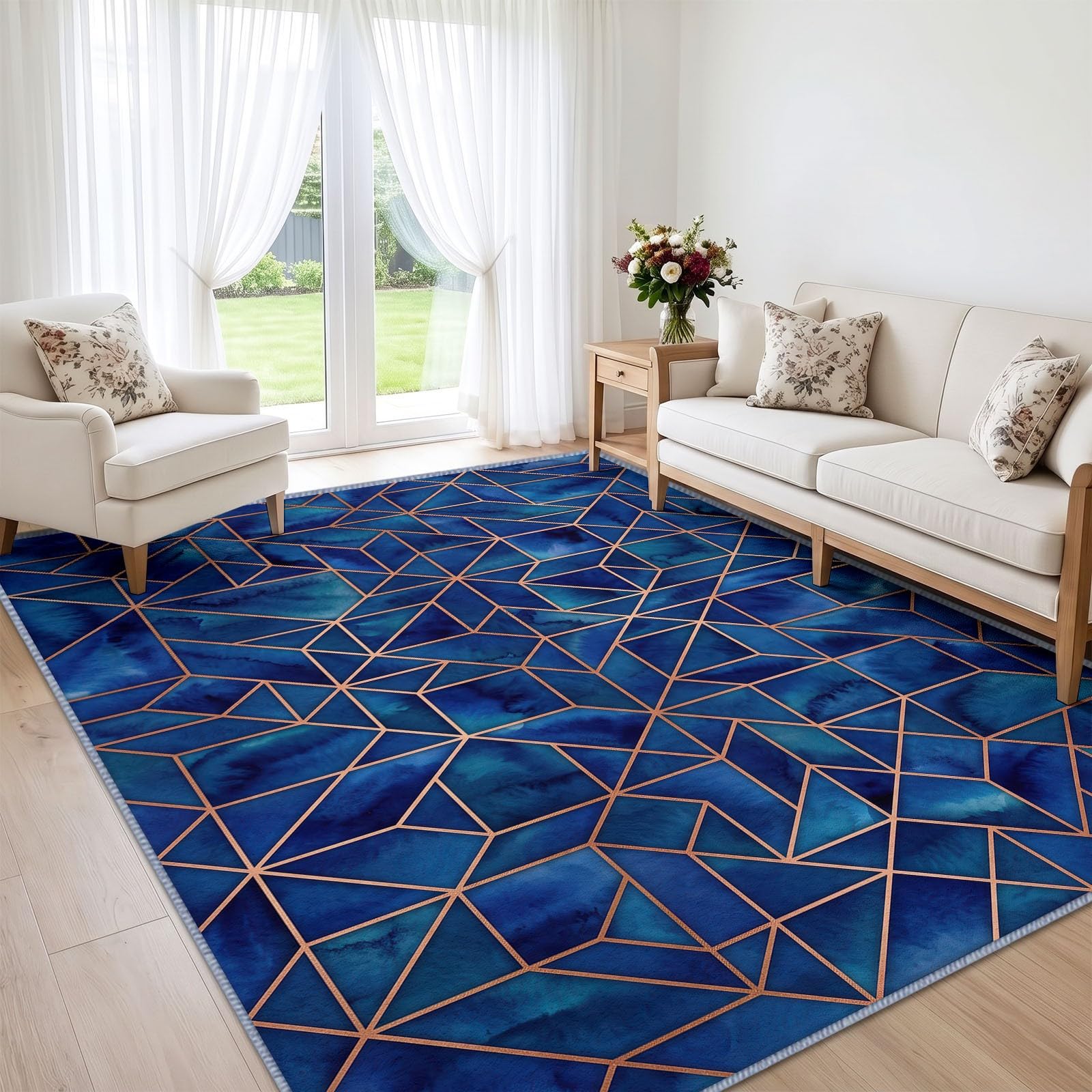 Nowoczesny geometryczny dywan do salonu 140 x 200 cm, można prać w pralce Antypoślizgowe duże wielokąty ciemnoniebieskie, miękki dywan z krótkim włosiem do biura, sypialni, jadalni