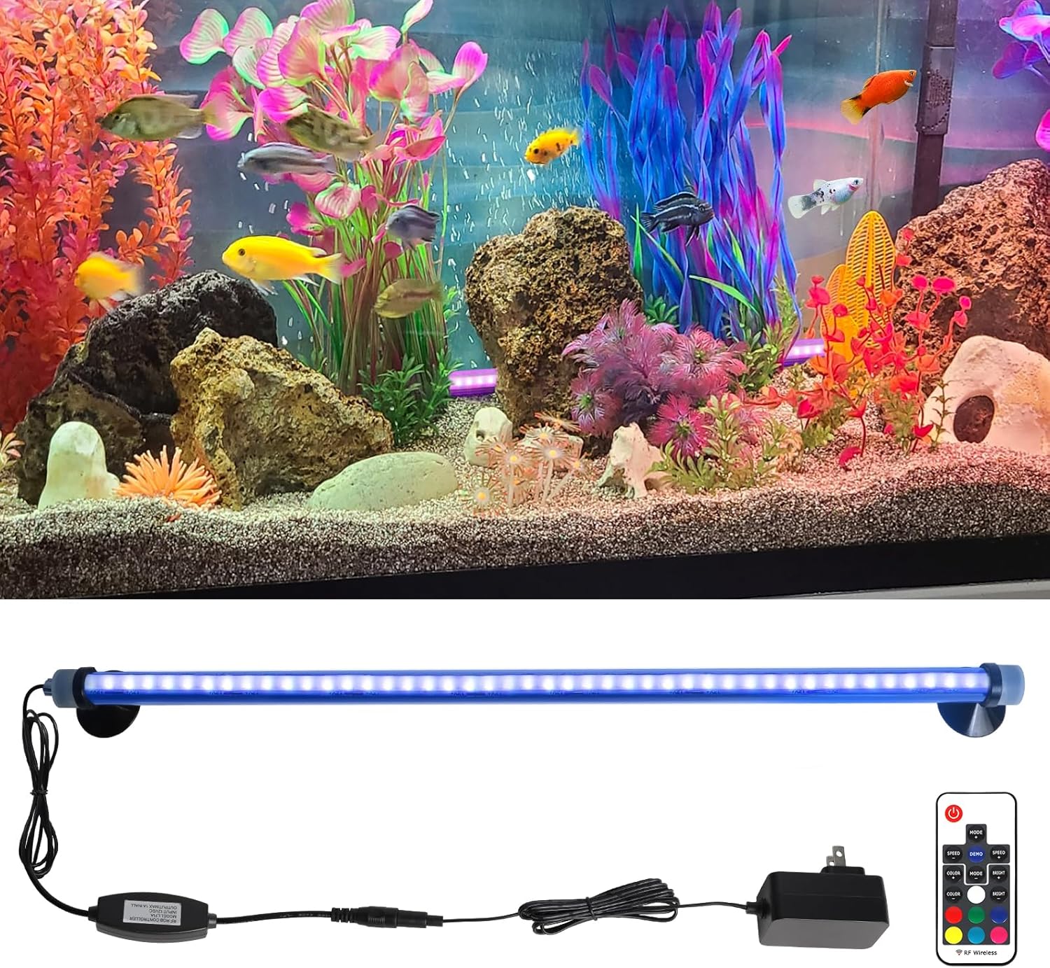Submersible Aquarium Light for Fish Tank: Full Spectrum Underwater Fish Tank Light with COB LED Light Strips - Adjustable Brightness 8 Colors Led Light with Remote and Suction for Aquarium (19.6 Inch)