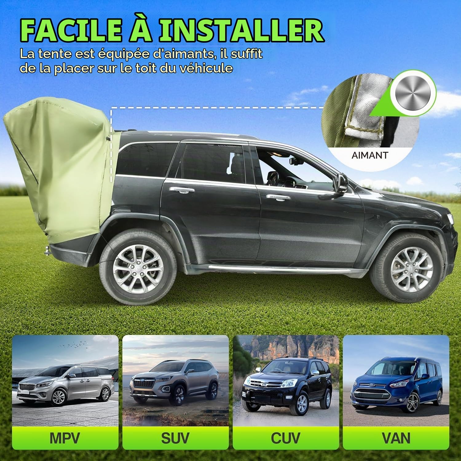 Tente de Hayon Voiture Universelle pour SUV - Tente Arrière Étanche Pluie et UV avec Barre de Support - Compatible Peugeot 3008, Renault Captur, Dacia Duster etc.