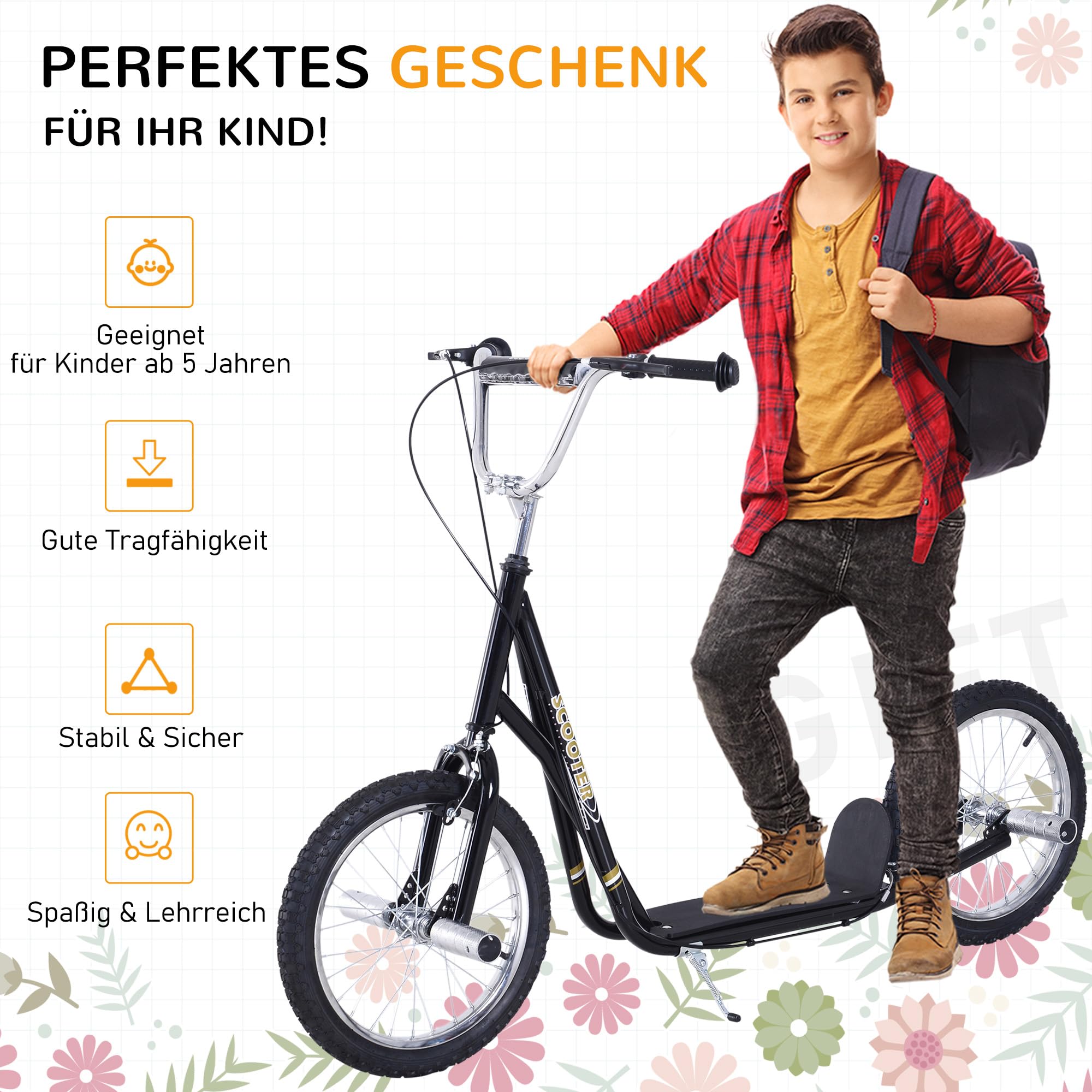 HOMCOM Kinderroller Scooter Tretroller Cityroller Kinder Roller Kickboard 16 Zoll 143 x 58 x 92-100 cm