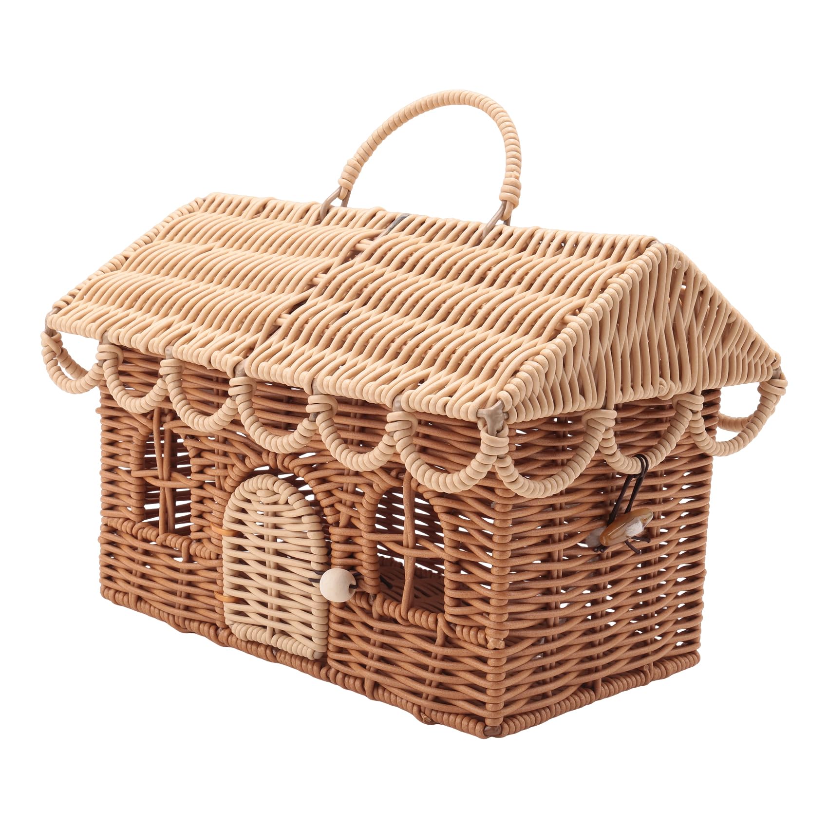 UDSKNV[KSL House Shaped Rattan Basket, Decorative Hand Woven Shelf Organizer with Folding Handle, Harvest Wicker Storage Container