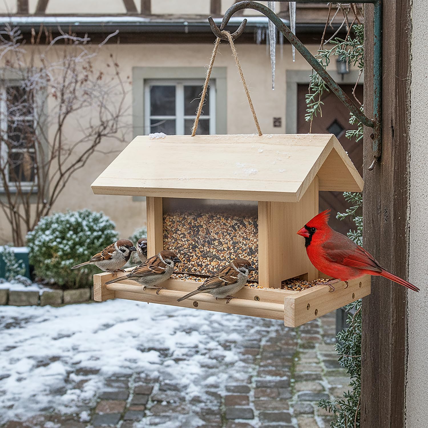 Mangeoire à Oiseaux en Bois Suspendue Grande Capacité pour Jardin Oiseaux Sauvages