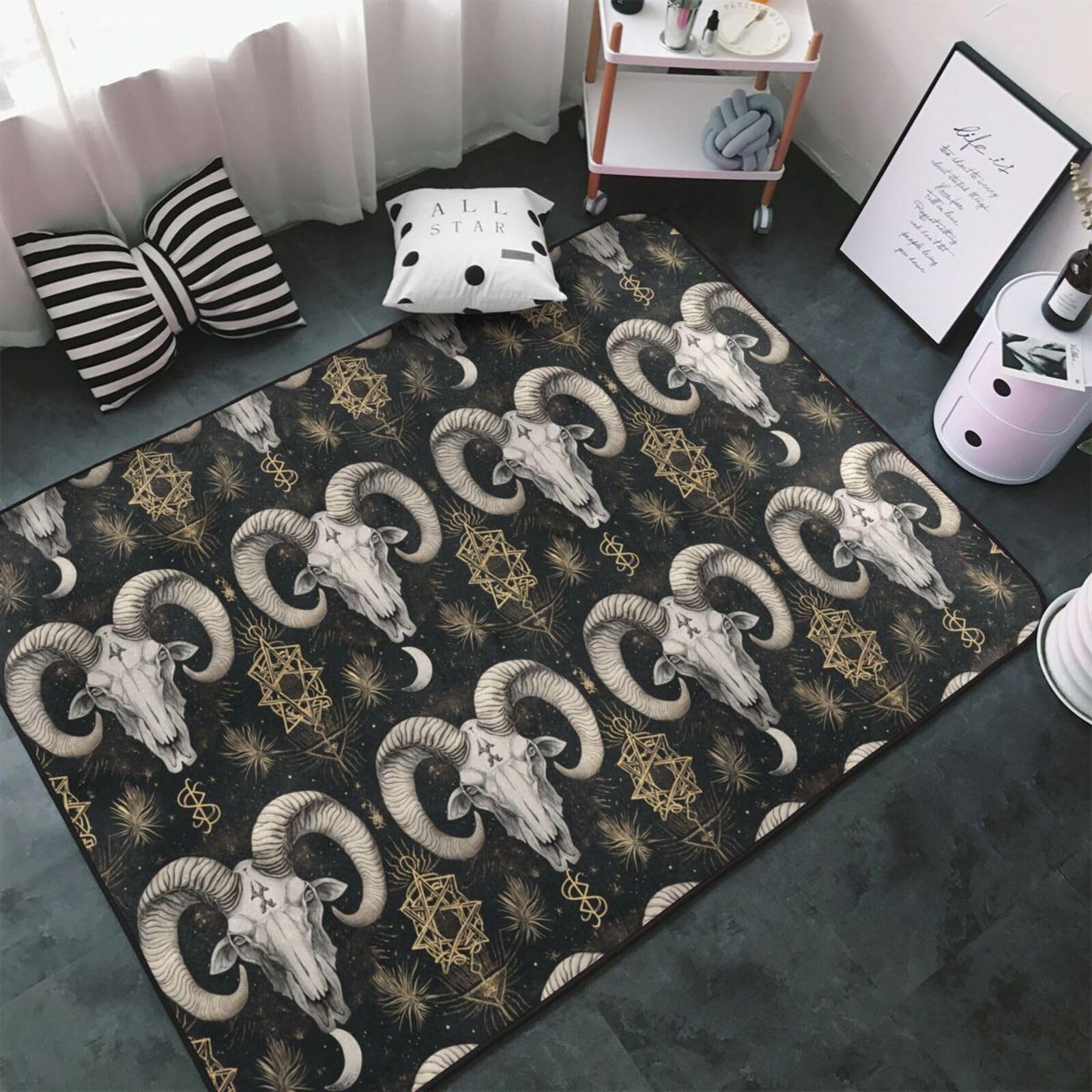 Tapis de salon tête de mort bélier mystique lavable 152x99 cm