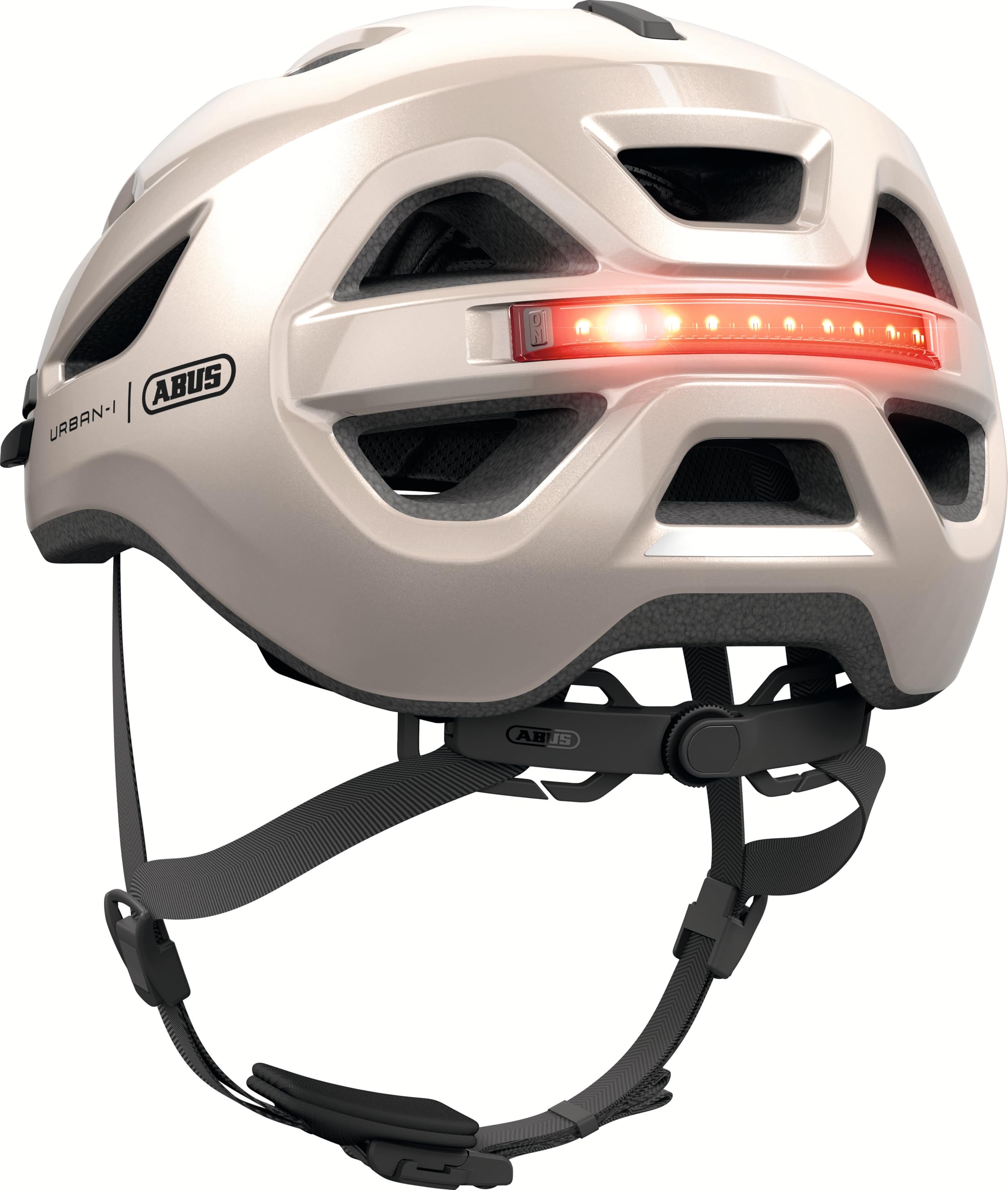 ABUS Casque de vélo Urban-I 4.0 - Casque de vélo avec feu arrière Rechargeable, 2 Modes d'éclairage, visière, Ouverture pour Tresses et Fermeture magnétique - pour Adolescents, Femmes et Hommes