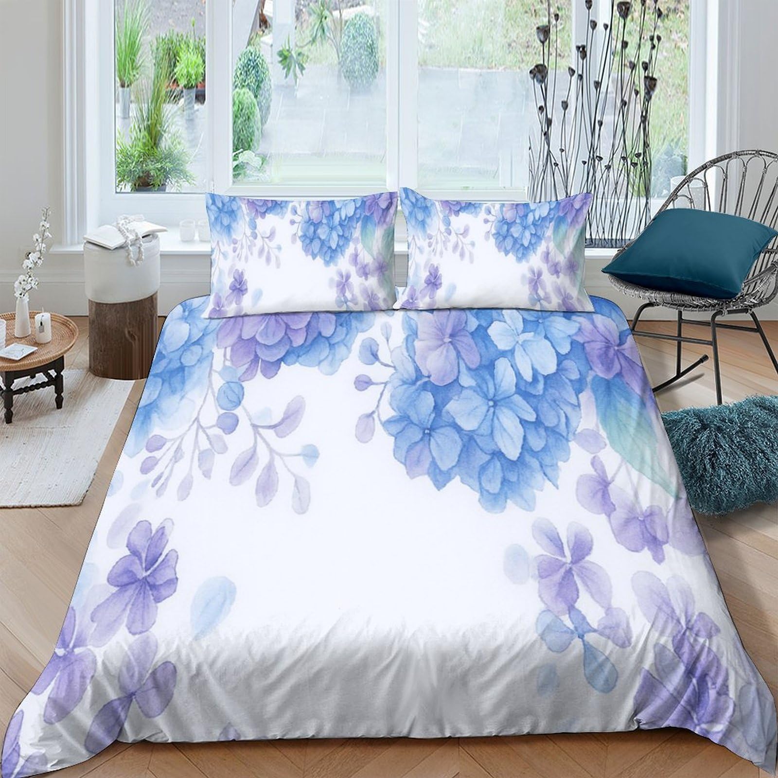 TUFRTGYHN 3D Printed Blue Hydrangea Duvet Cover Microfiber Floral Bedding Set with 2 Pillowcases Breathable for Bedroom Decor Single（135x200cm）