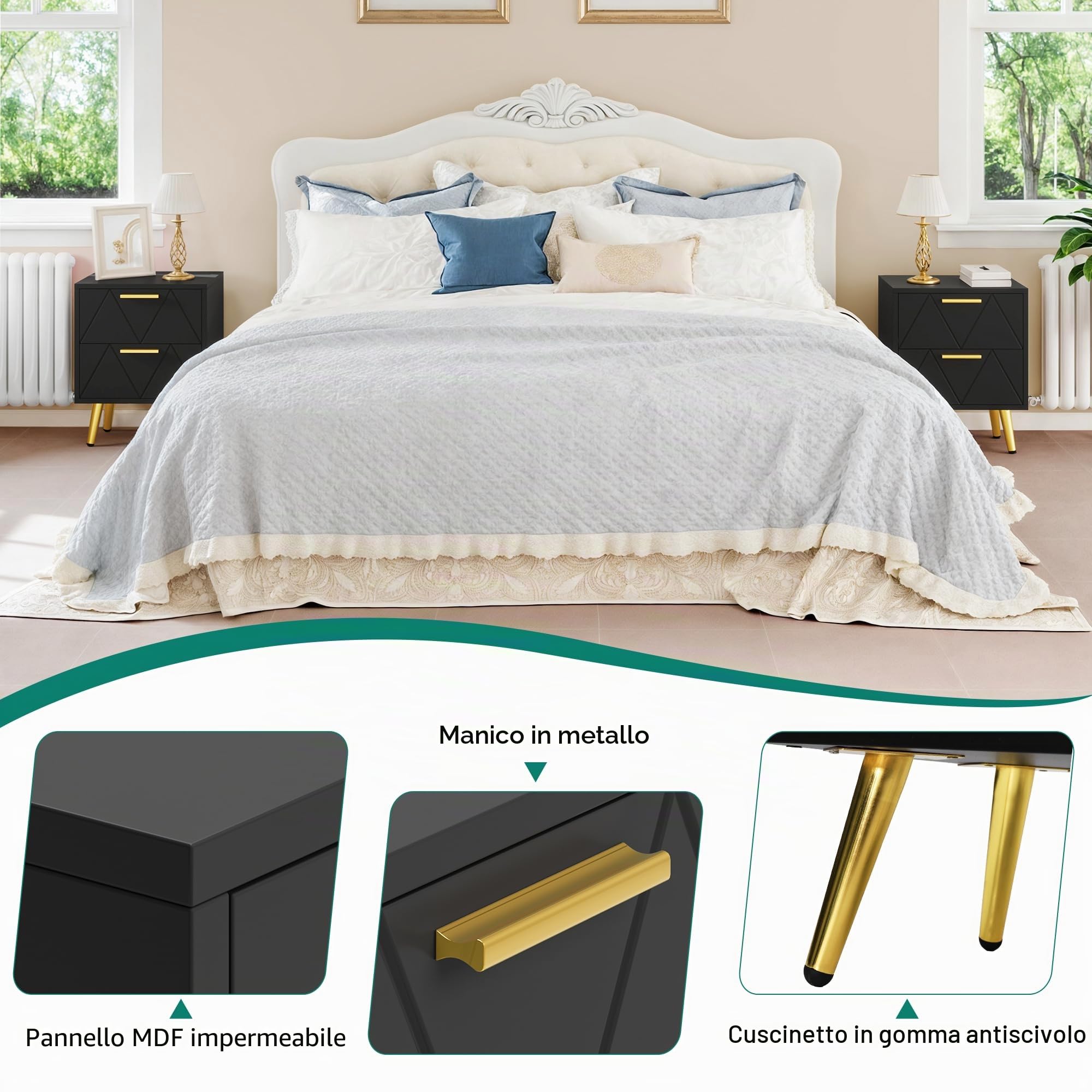 YITAHOME Set di 2 comodini con 2 cassetti, piccolo comodino con contenitore, comodino per soggiorno, camera da letto, ufficio, nero e oro, 40 x 30 x 52 cm, nero e oro