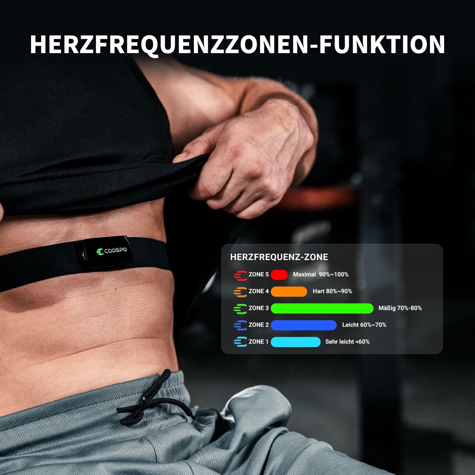 COOSPO H9Z Pulsmesser Brustgurt, Wiederaufladbare Bluetooth 5.0/ ANT+ Herzfrequenzmesser Brustgurt, IP67 Wasserdichter HRM Fitness Tracker Kompatibel mit Polar Wahoo Strava Garmin