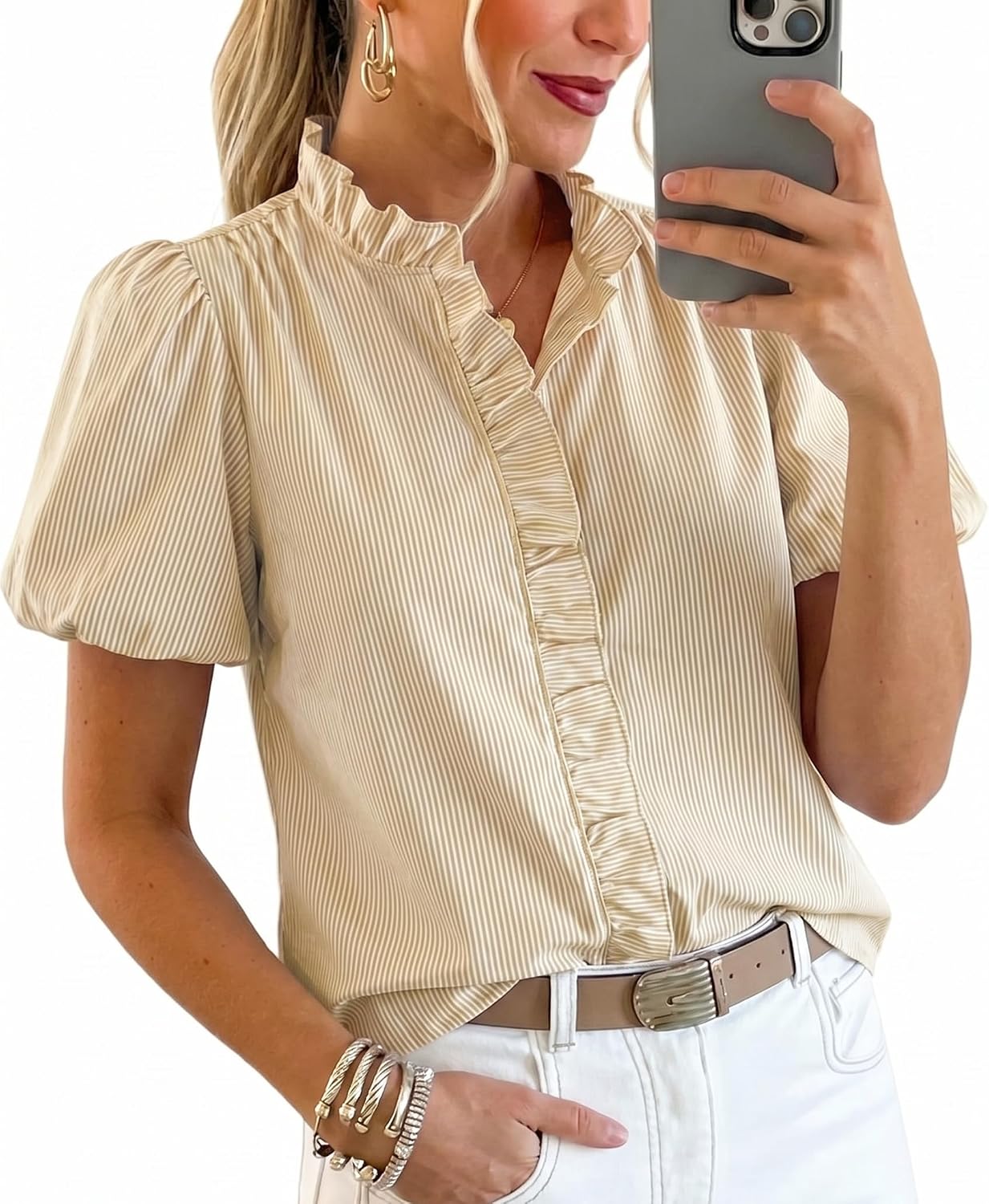 Womens Short Puff Sleeve Button Down Shirts Striped Ruffle Stand Collar Blouse Business Casual Preppy Tops