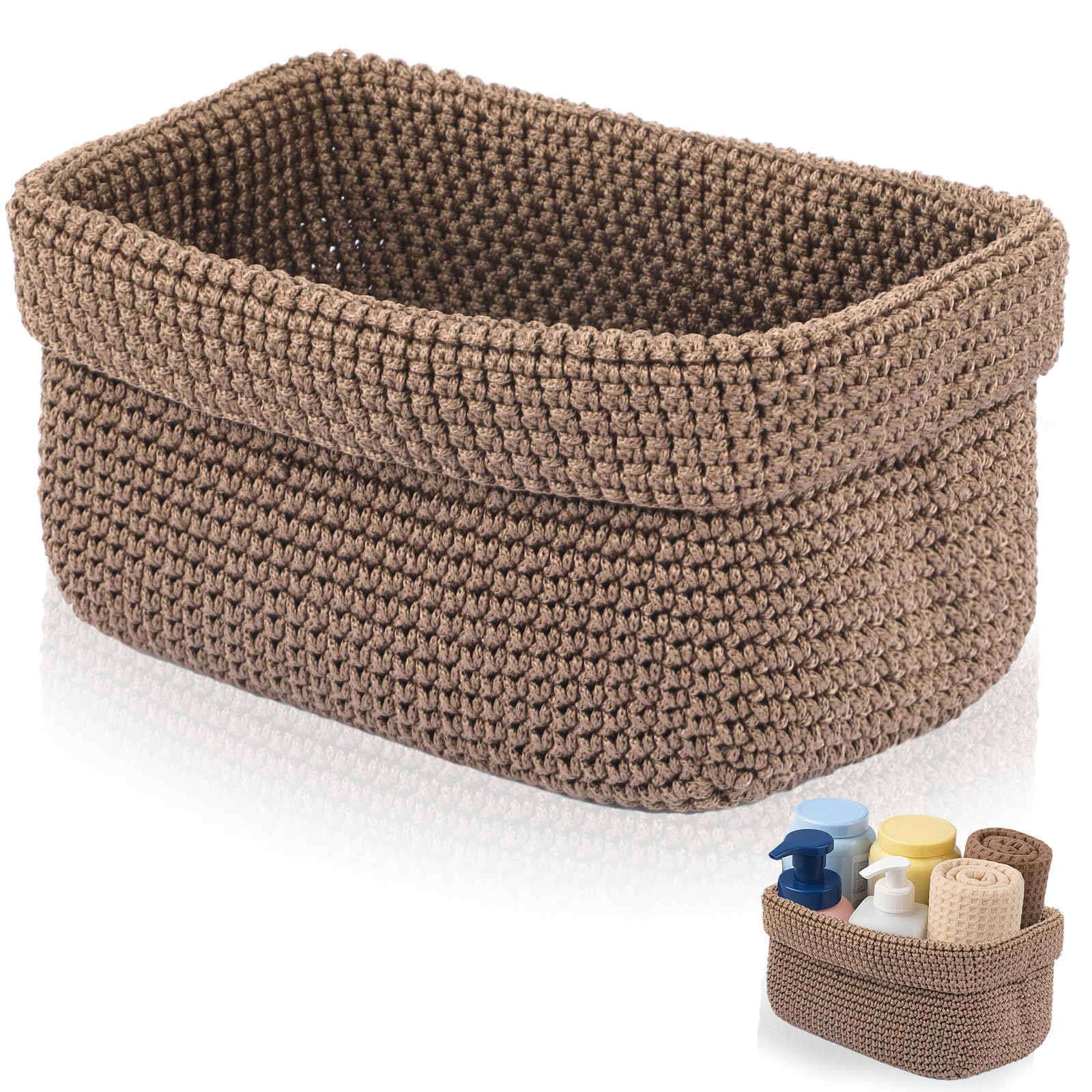 Aufbewahrungskorb Braun, Handgewebter Häkelkorb aus Baumwollseil, Stylischer Strickkorb für Deko, Bad Körbchen, Handtuchkorb für Handtücher, Kosmetik, Spielzeug und Bücher (21 × 13 × 15,5 cm)