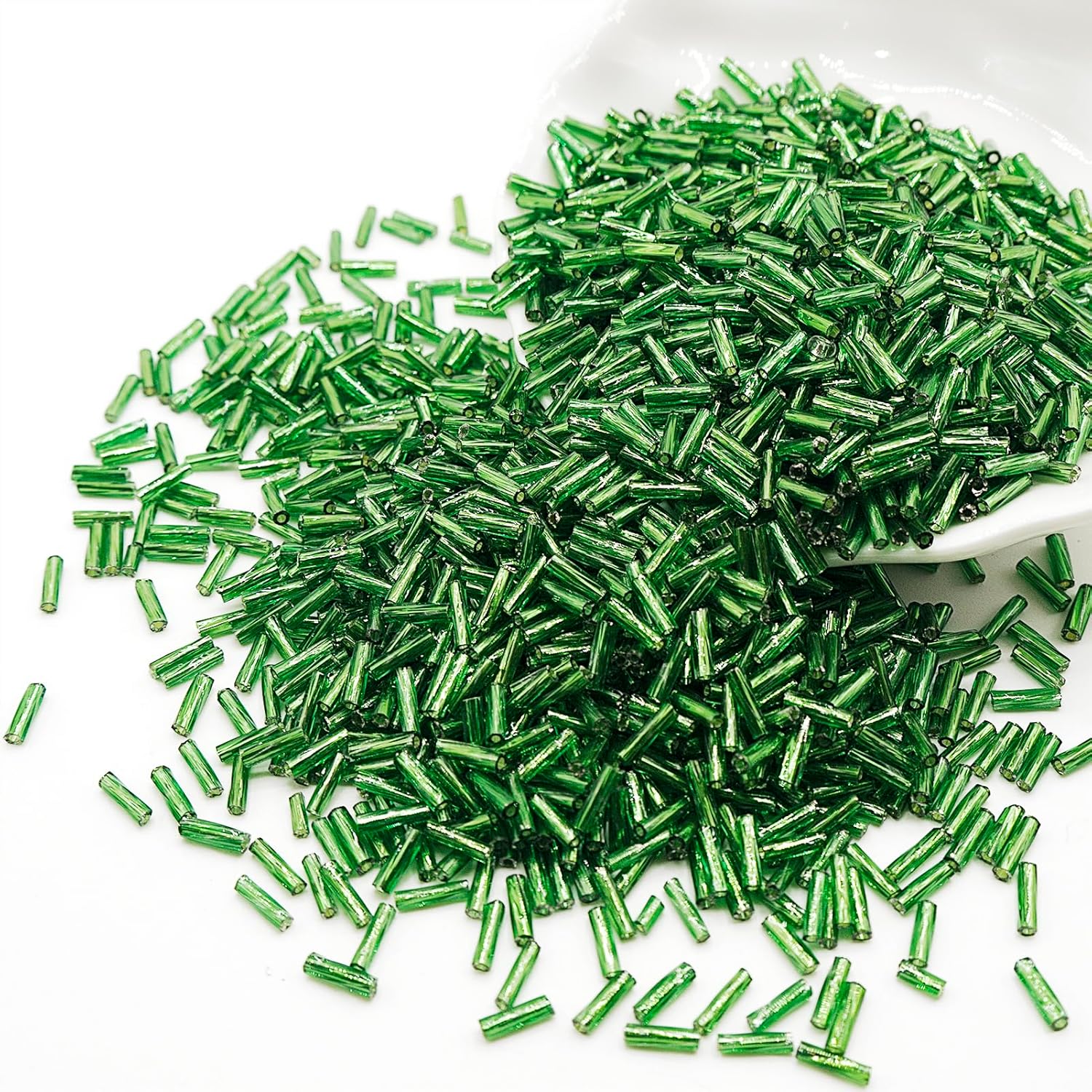 2×6mm Green Tube Beads for Jewelry Making, 1440 Pcs Colored Glass Twisted Bugle Beads for Earring, Necklace, Bracelet, Waist, Clothing Accessories