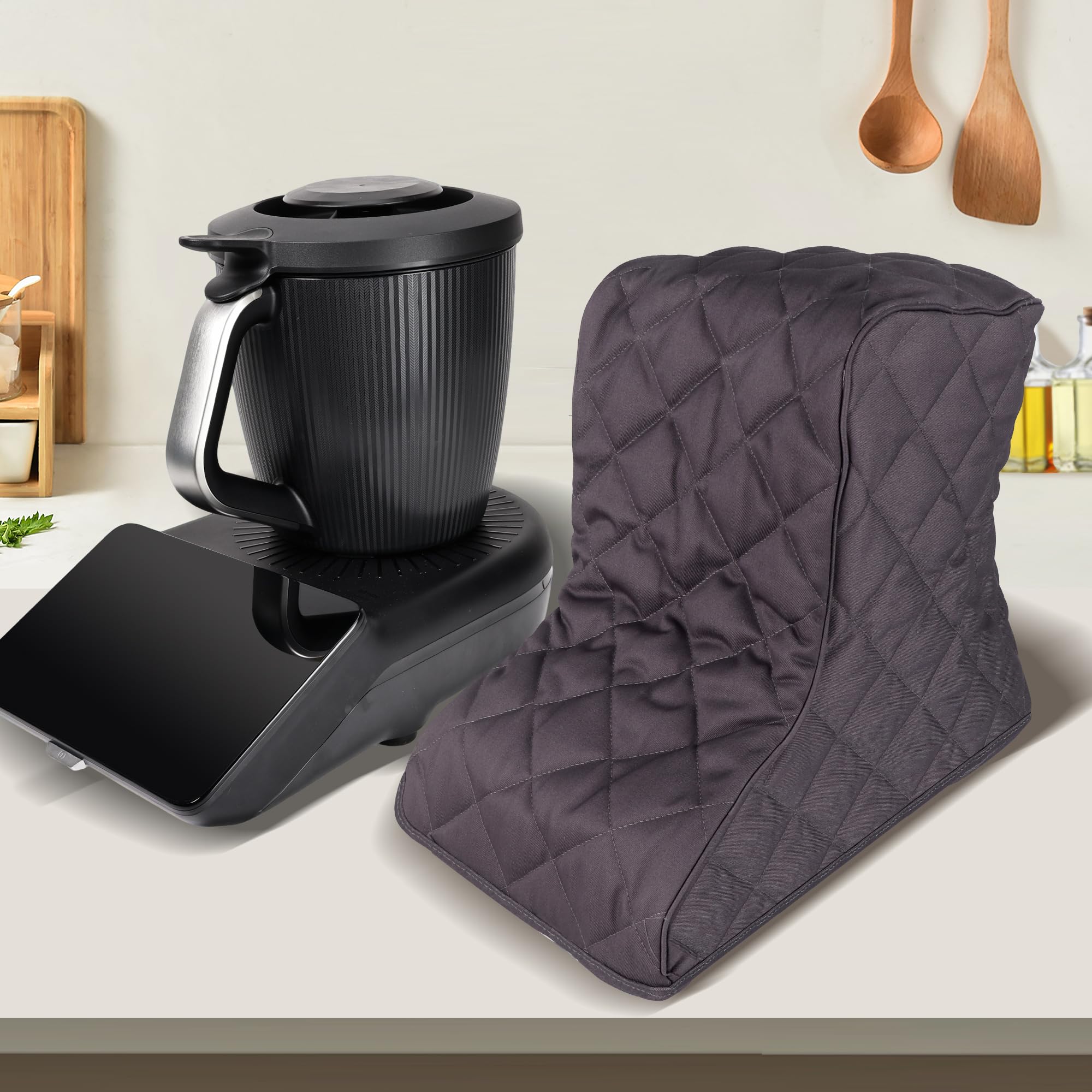 Exclusive Premium Staubschutz für Thermomix TM7 – Graue Wattierte Canvas-Hülle mit Rückenzip, Antibakteriell & Wasserdicht - Staubschutzabdeckung, Abdeckhaube, Staubhaube, tasche